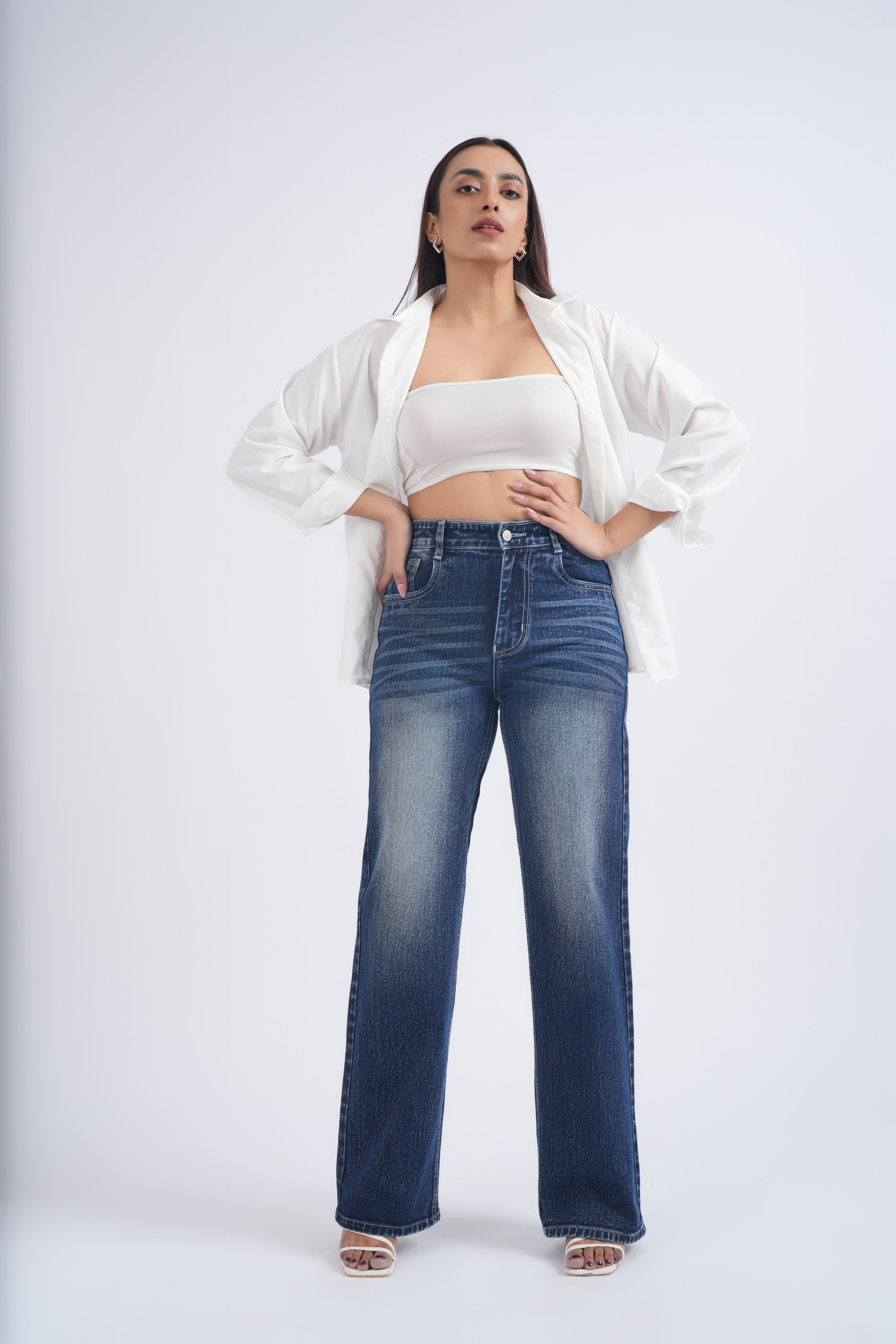 Women Dark Blue Ball Wash Whisker Spray Wide Leg High Waist Jeans