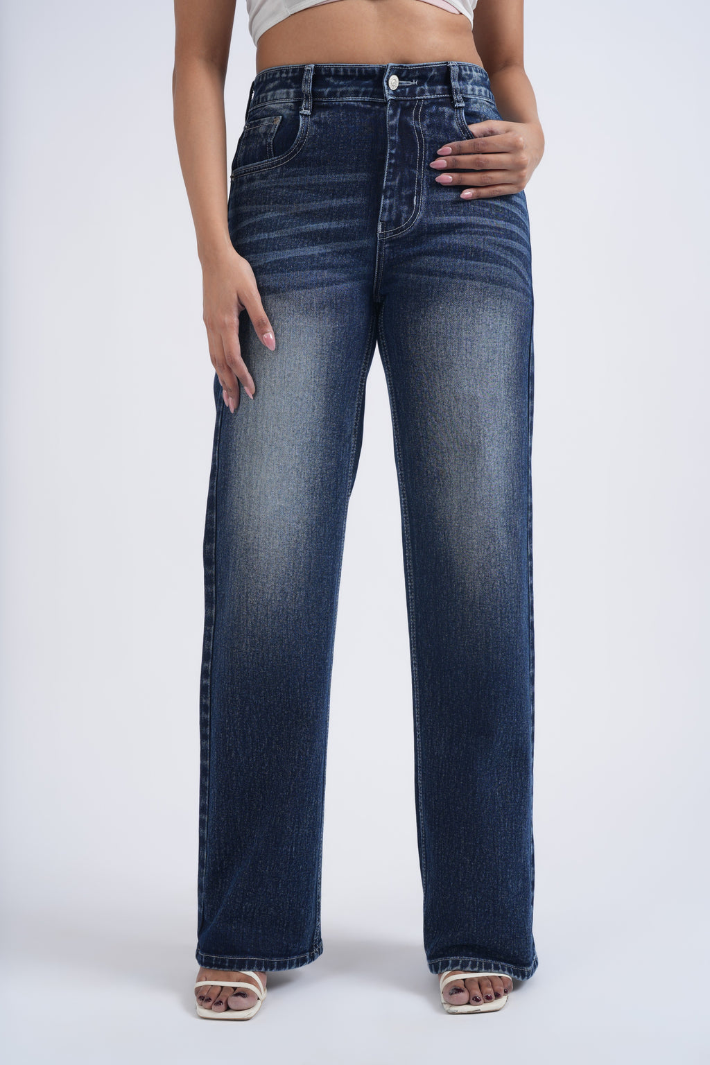 Women Dark Blue Ball Wash Whisker Spray Wide Leg High Waist Jeans