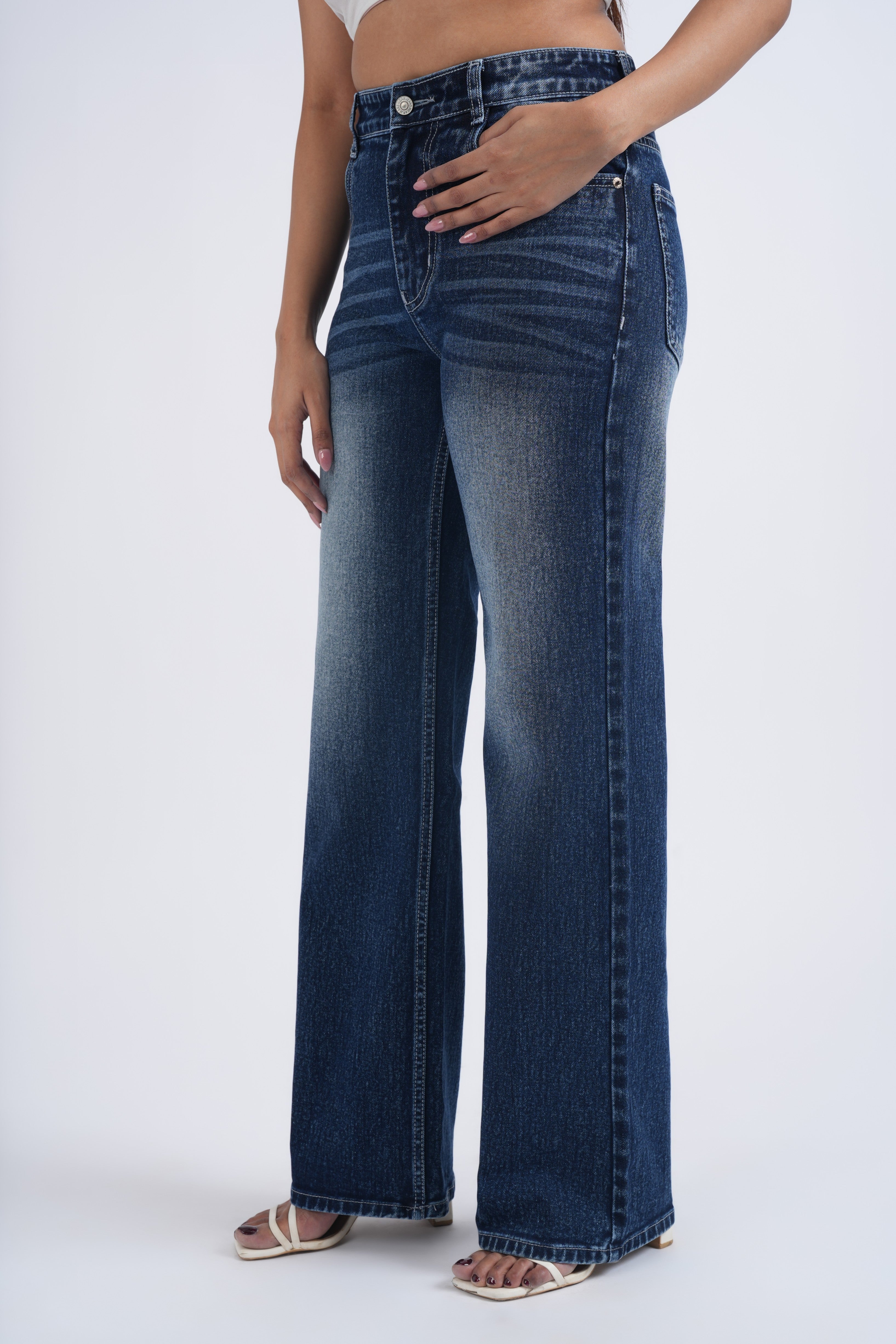 Women Dark Blue Ball Wash Whisker Spray Wide Leg High Waist Jeans