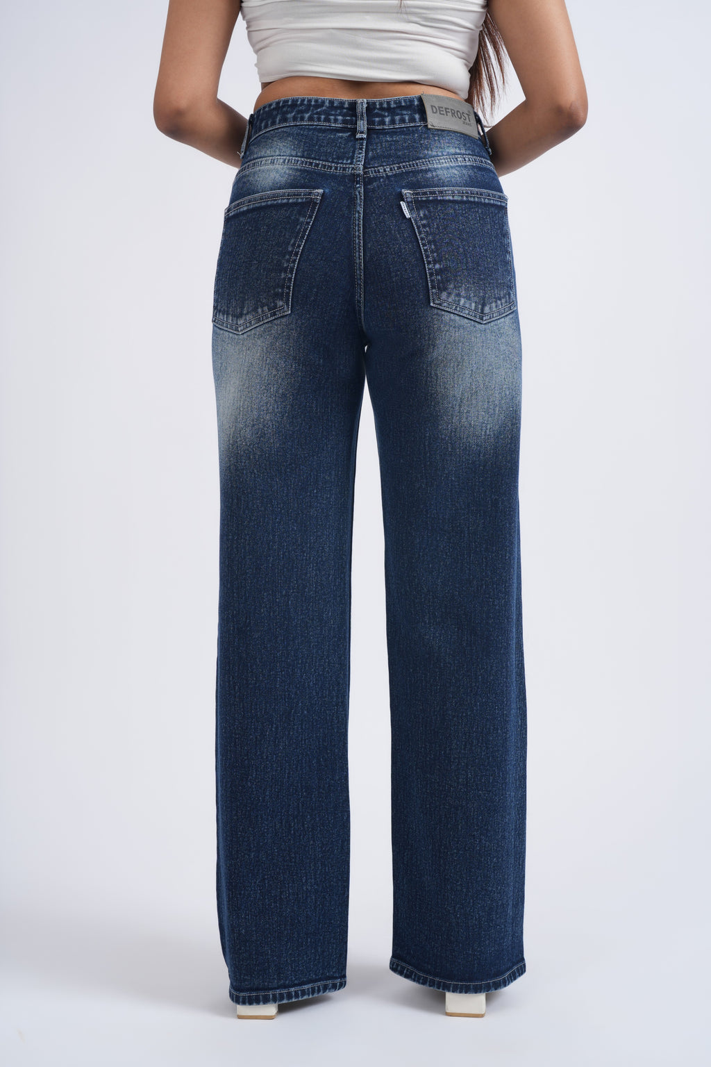 Women Dark Blue Ball Wash Whisker Spray Wide Leg High Waist Jeans