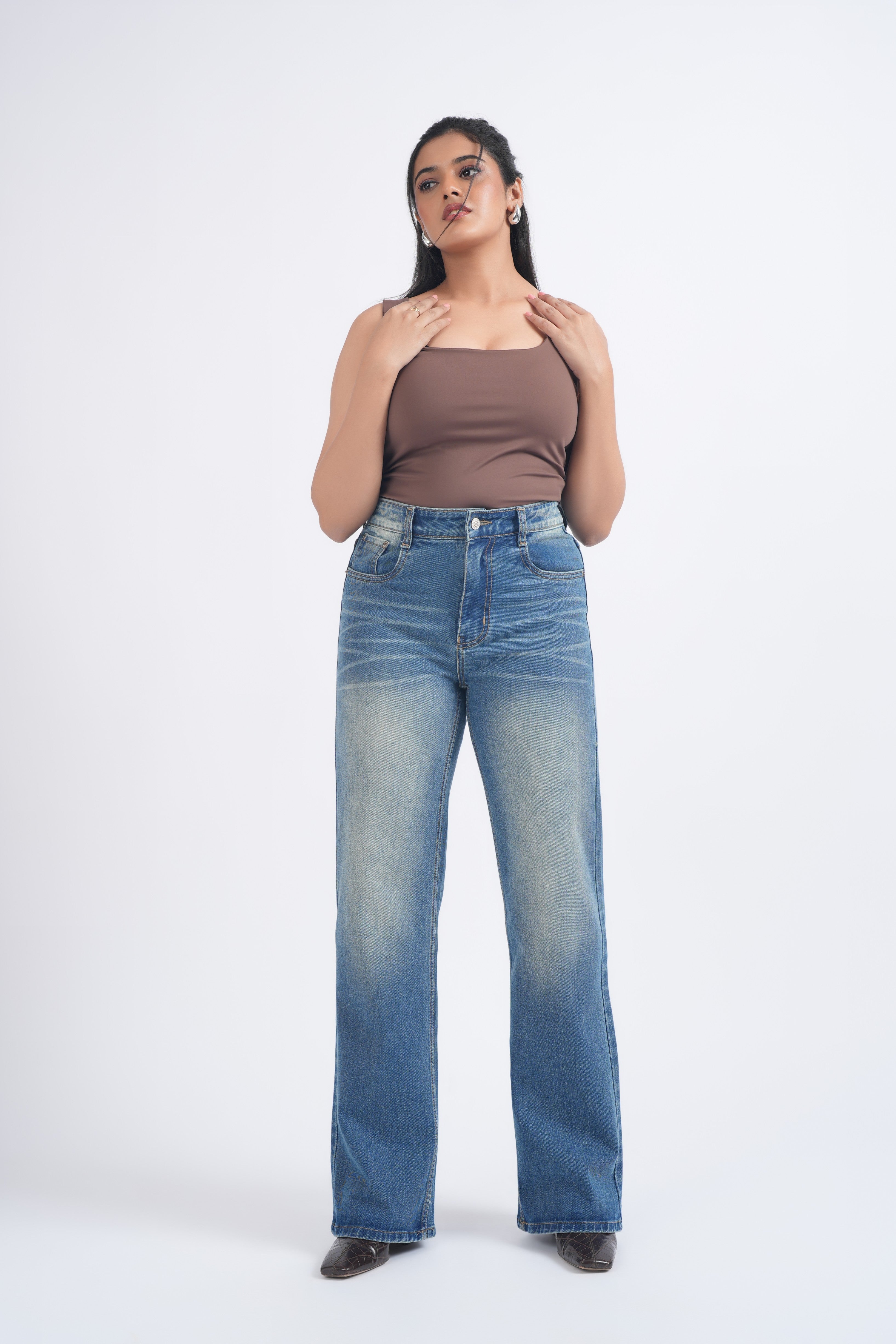 Women Blue Yellow Whisker Washed High Waist Wide Leg Jeans