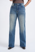 Women Blue Yellow Whisker Washed High Waist Wide Leg Jeans