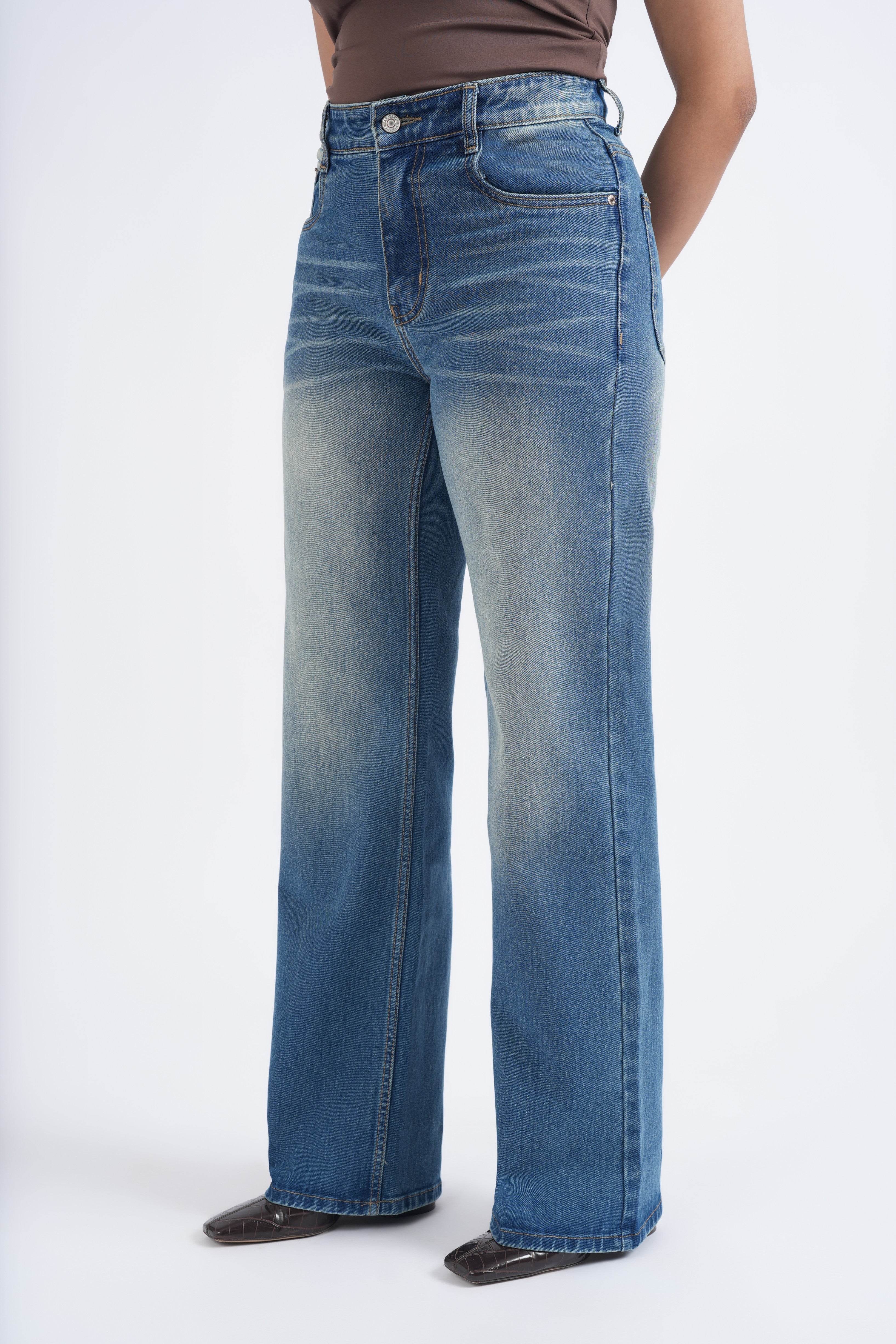 Women Blue Yellow Whisker Washed High Waist Wide Leg Jeans