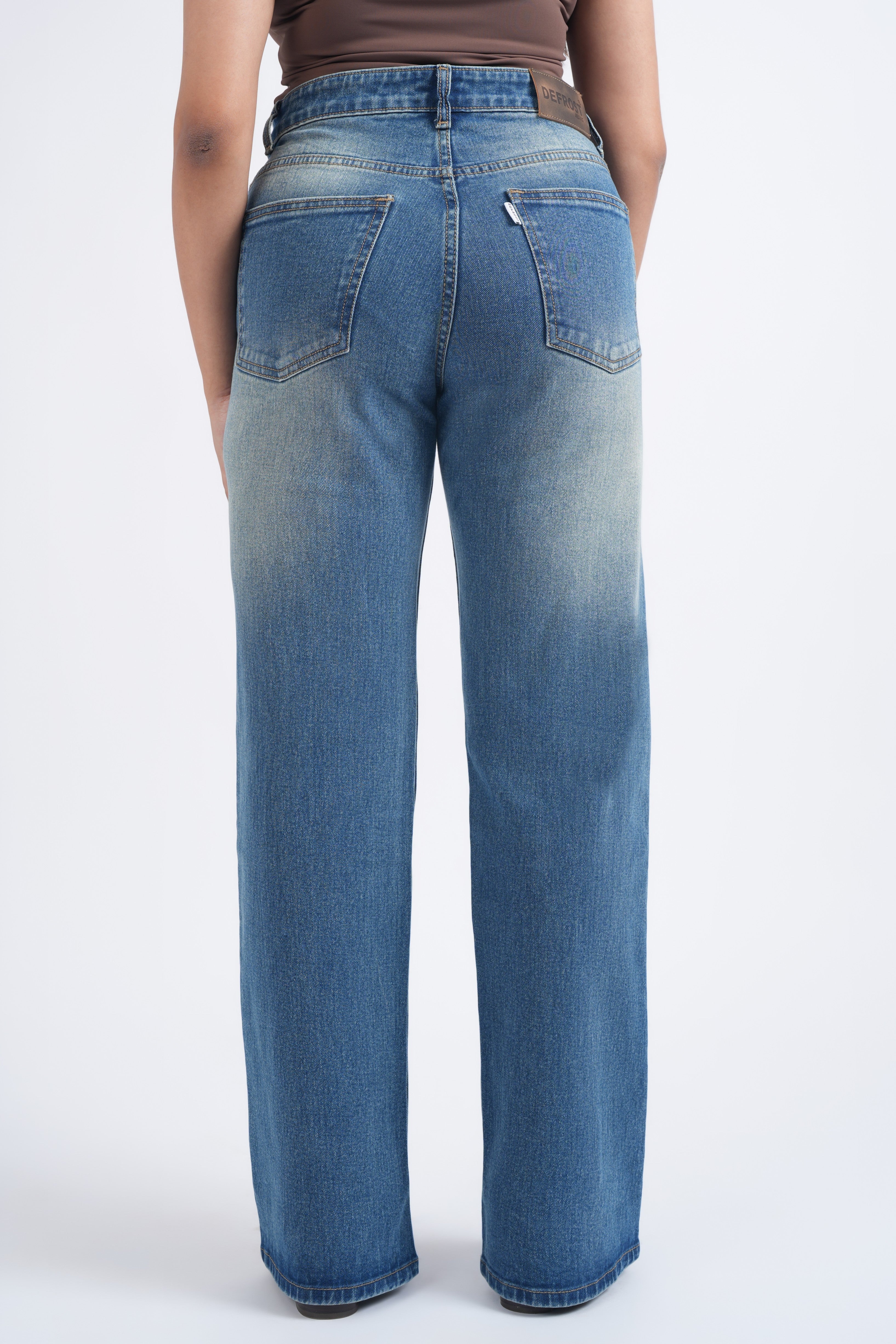 Women Blue Yellow Whisker Washed High Waist Wide Leg Jeans