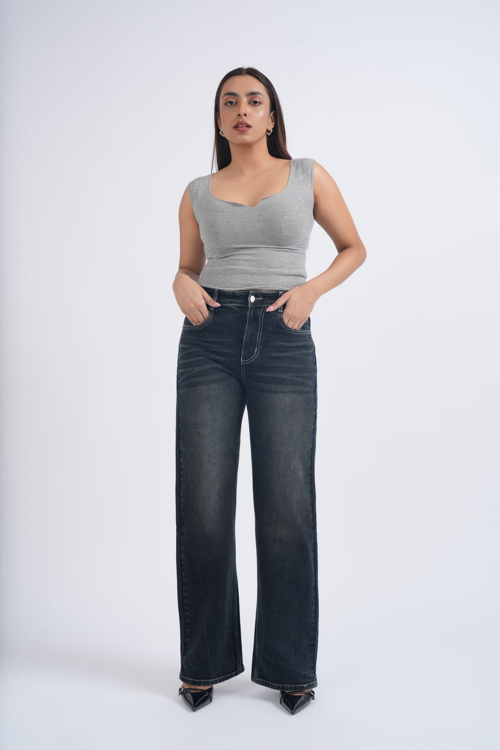 Women Grey Whisker Washed High Waist Wide Leg Jeans