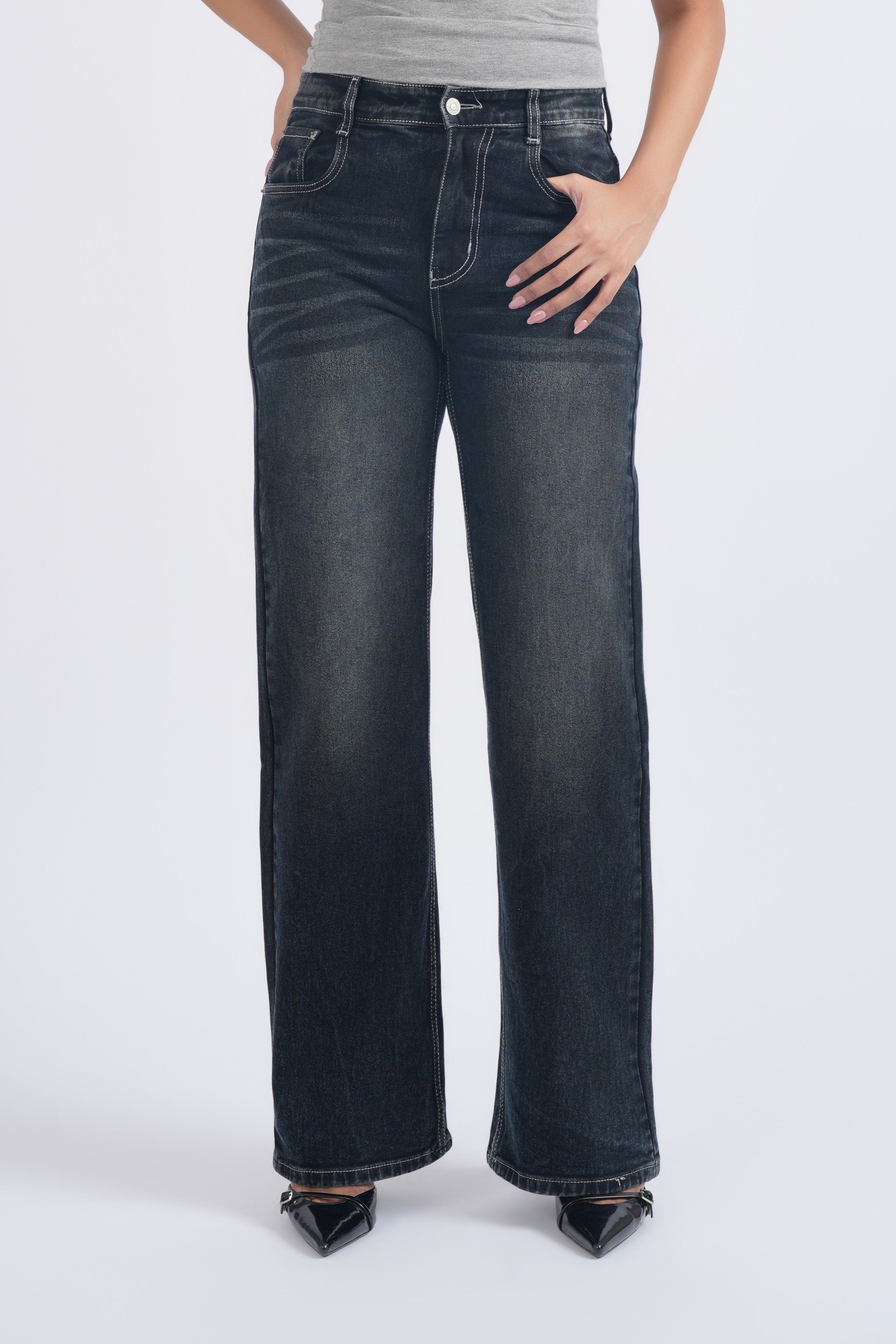 Women Grey Whisker Washed High Waist Wide Leg Jeans