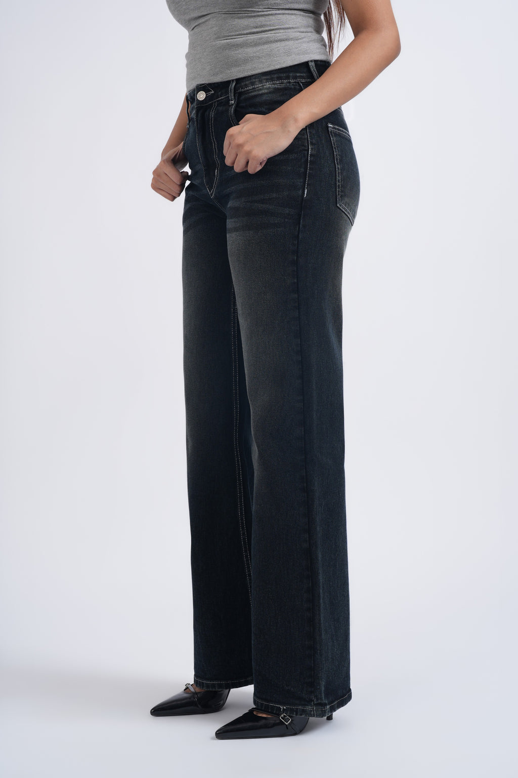 Women Grey Whisker Washed High Waist Wide Leg Jeans