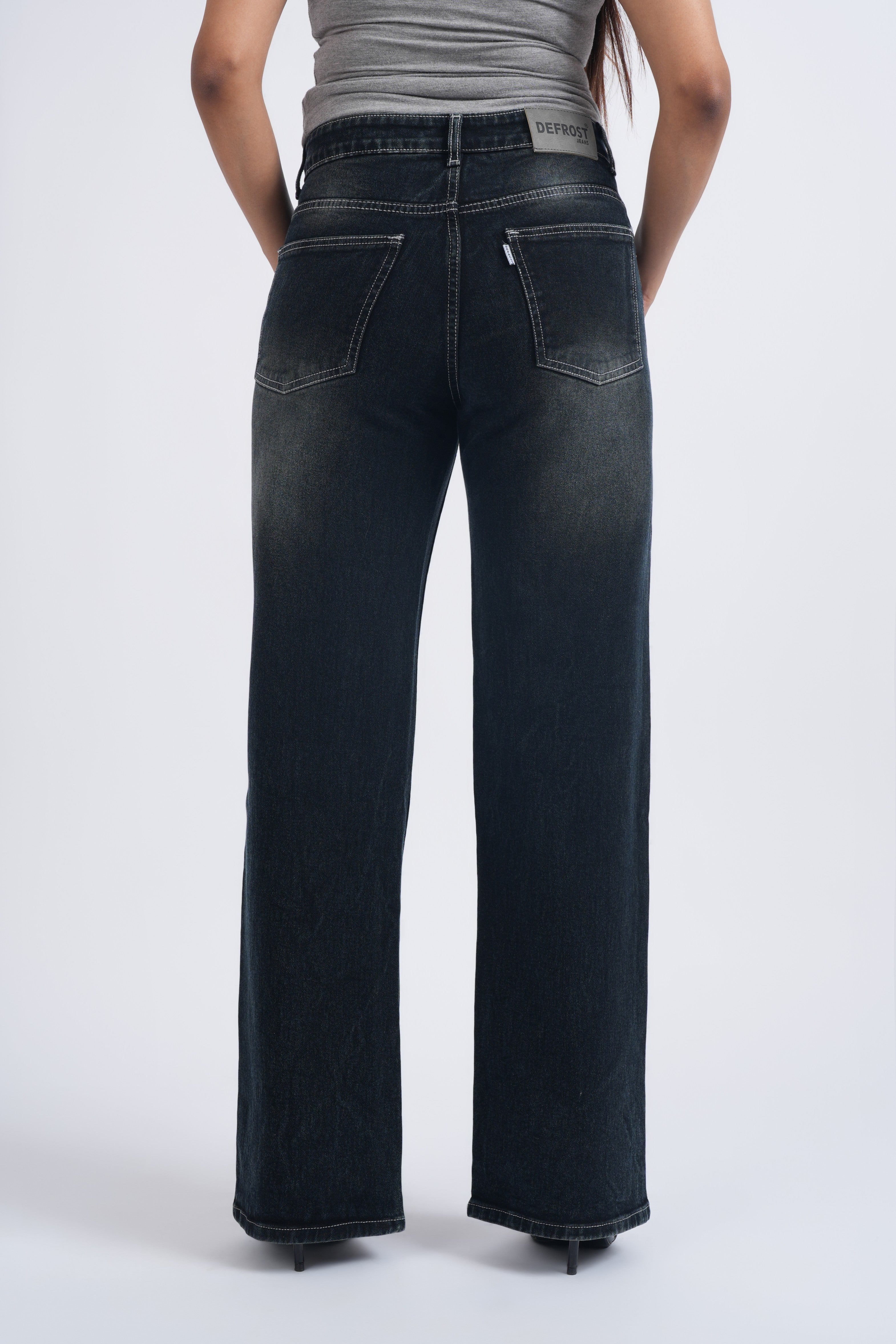 Women Grey Whisker Washed High Waist Wide Leg Jeans