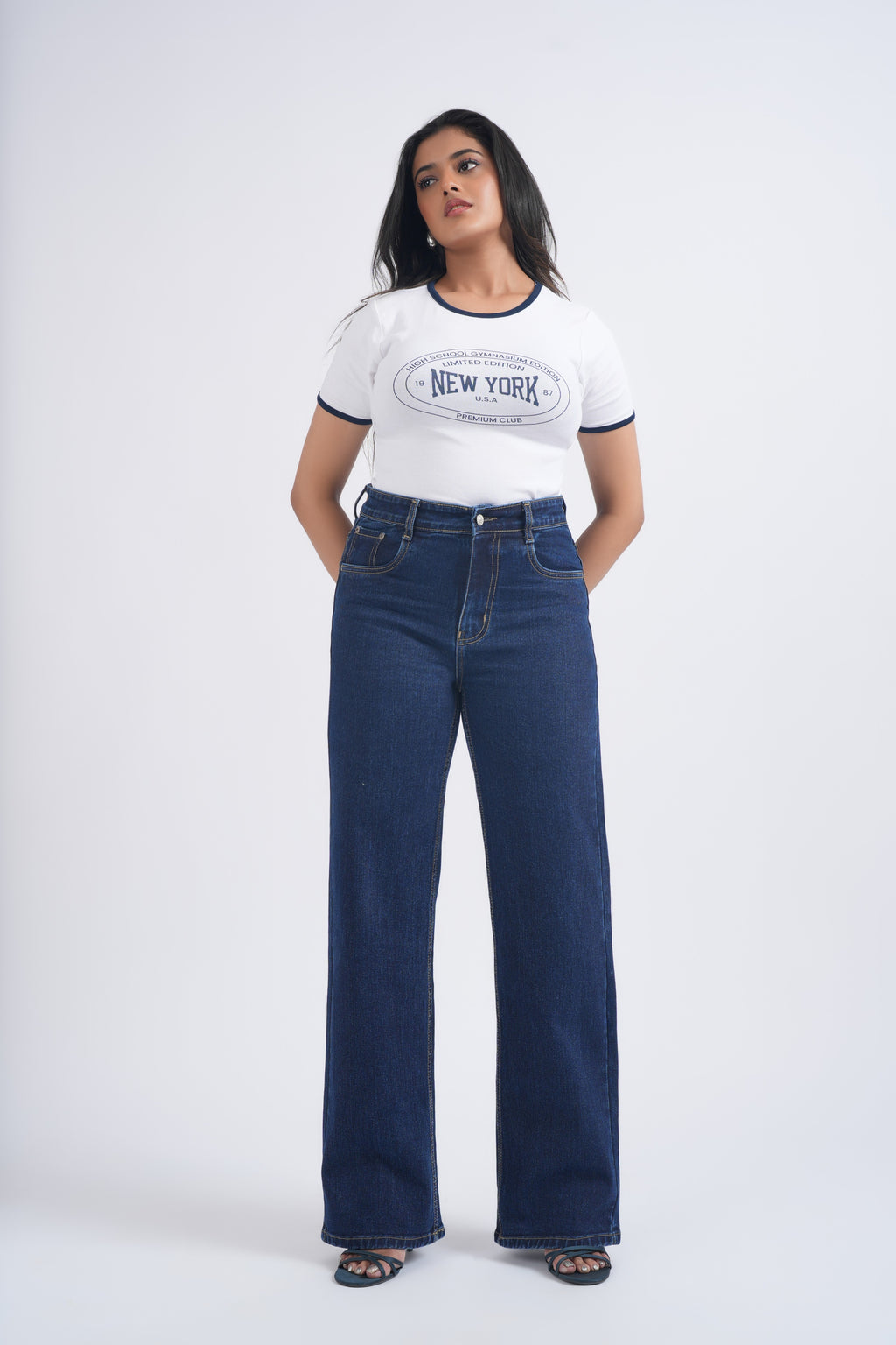 Women Dark Blue Wide Leg High Waist Jeans