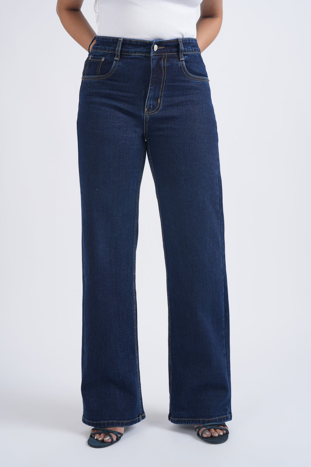 Women Dark Blue Wide Leg High Waist Jeans