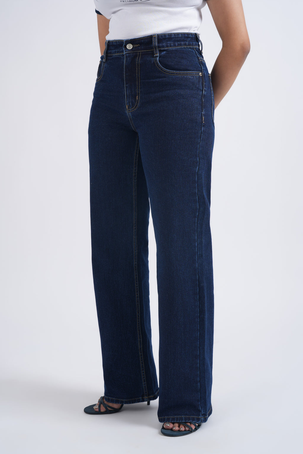 Women Dark Blue Wide Leg High Waist Jeans