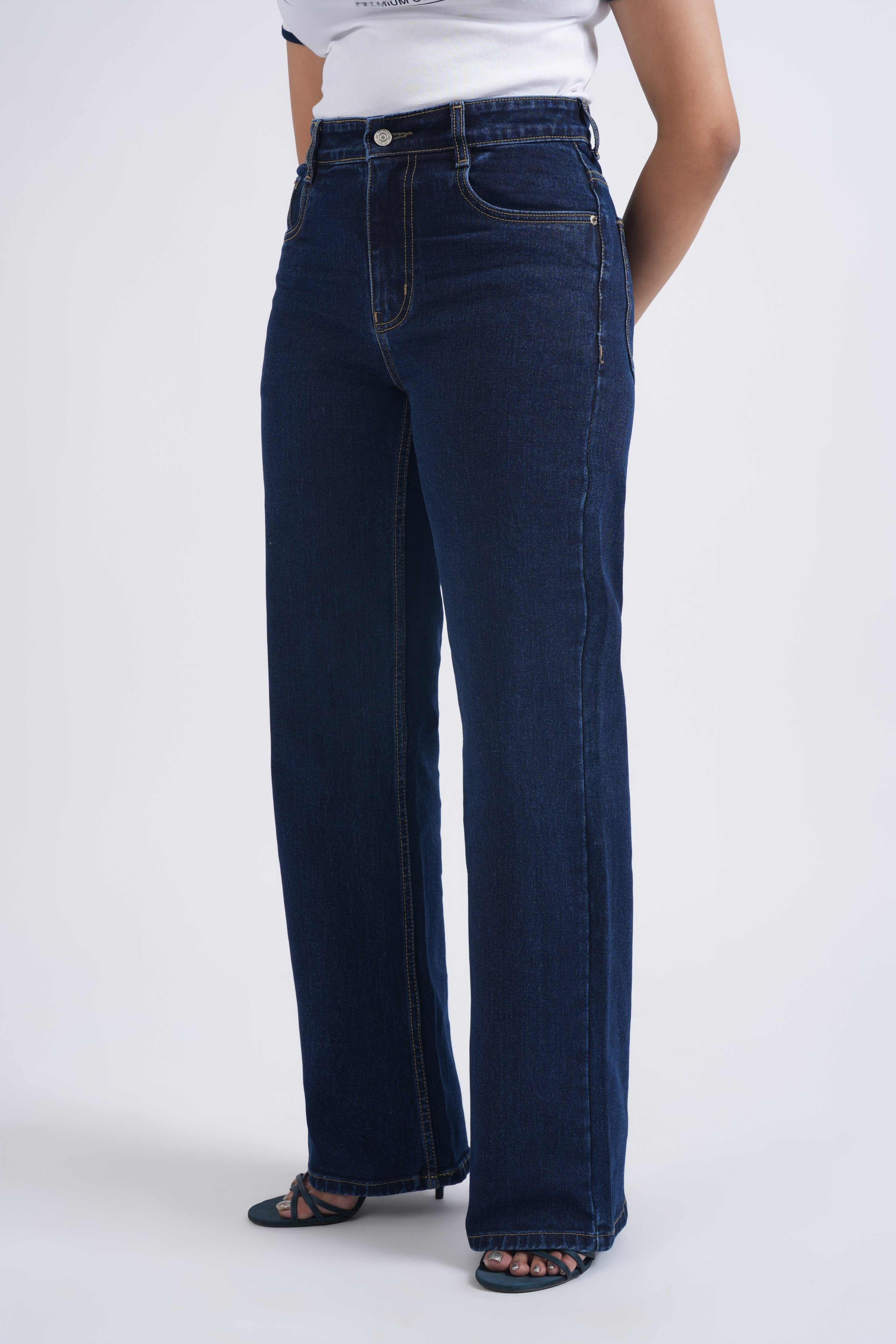 Women Dark Blue Wide Leg High Waist Jeans