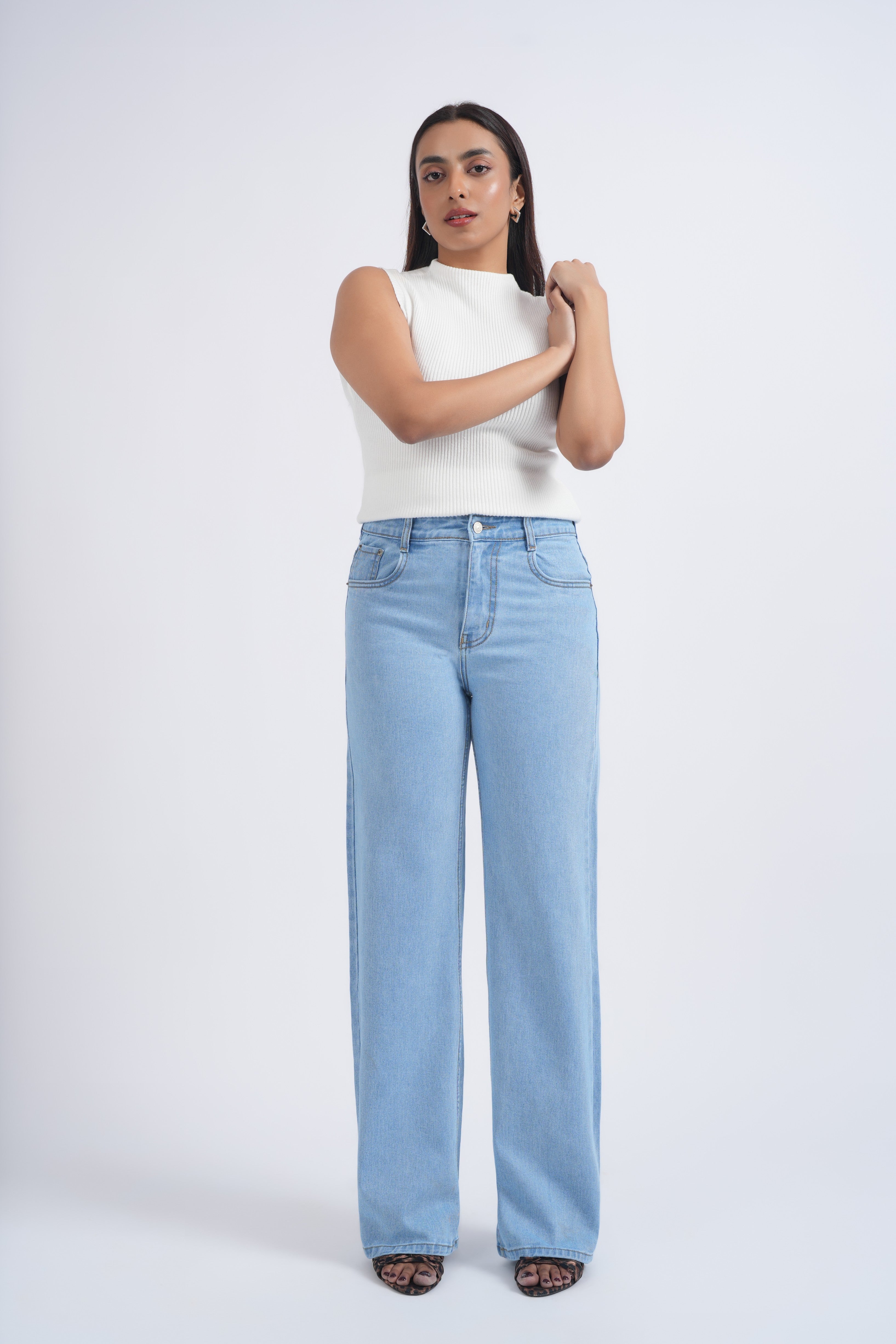 Women Light Blue Wide Leg High Rise Jeans
