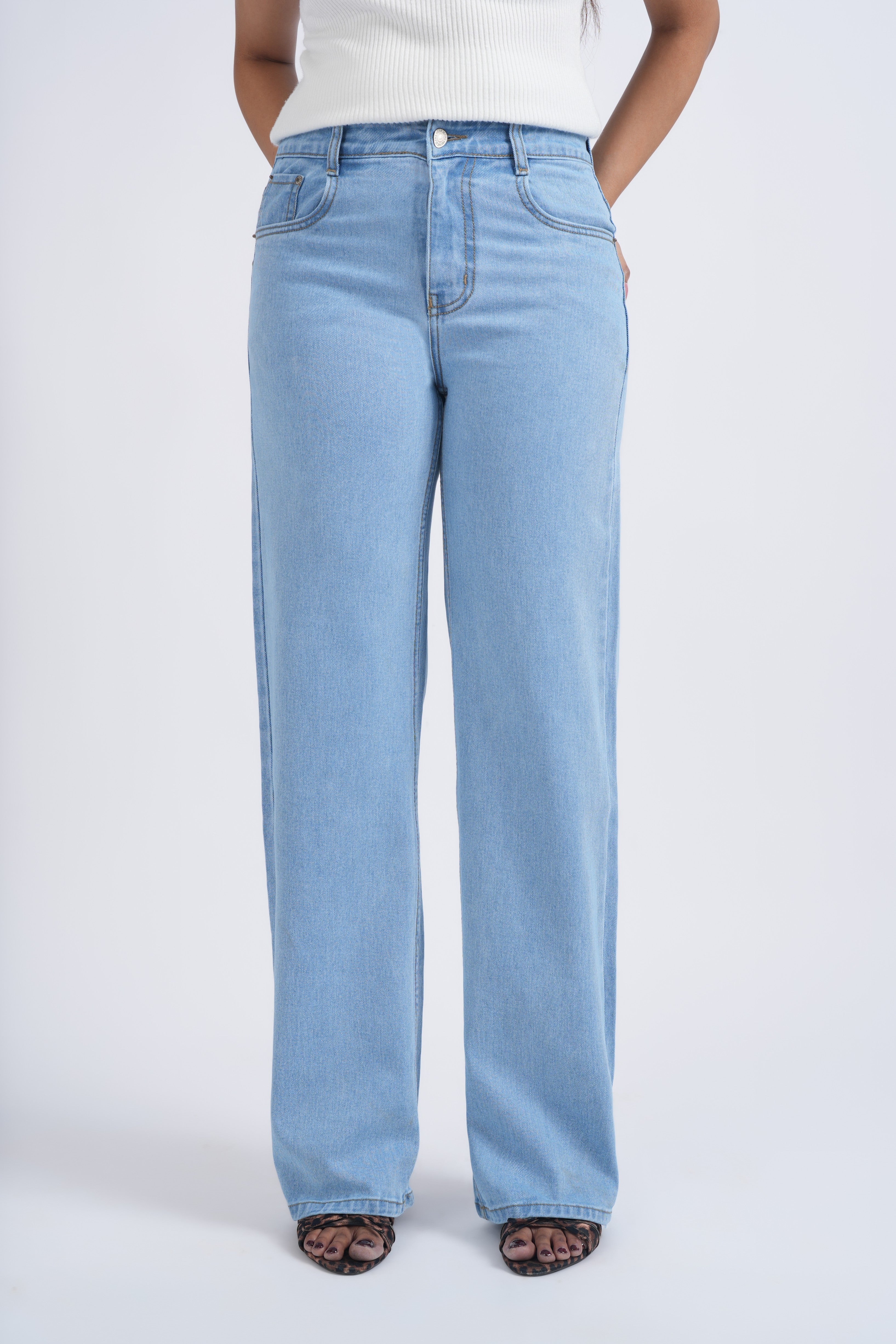 Women Light Blue Wide Leg High Rise Jeans