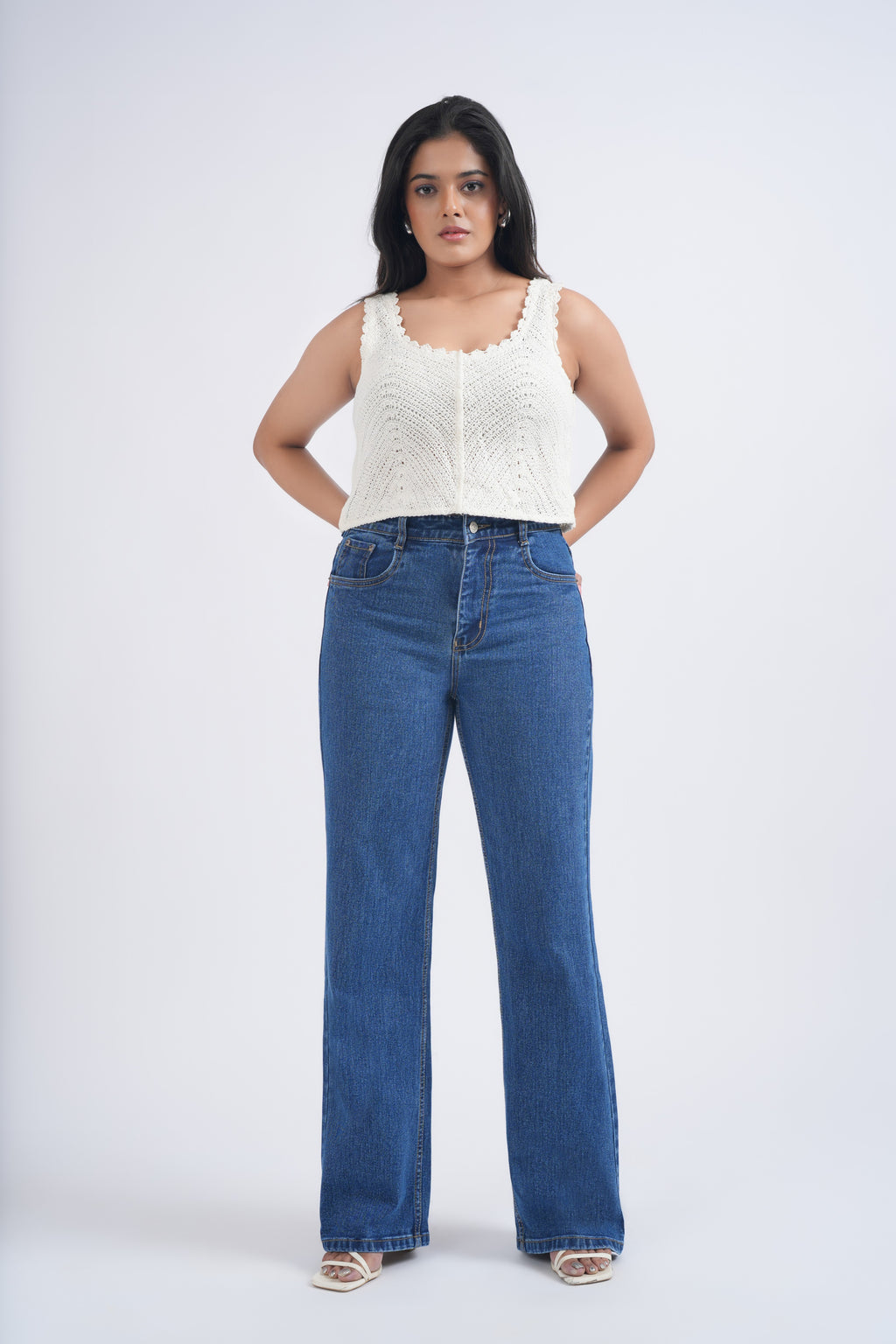 Women Mid Blue Wide Leg High Rise Jeans