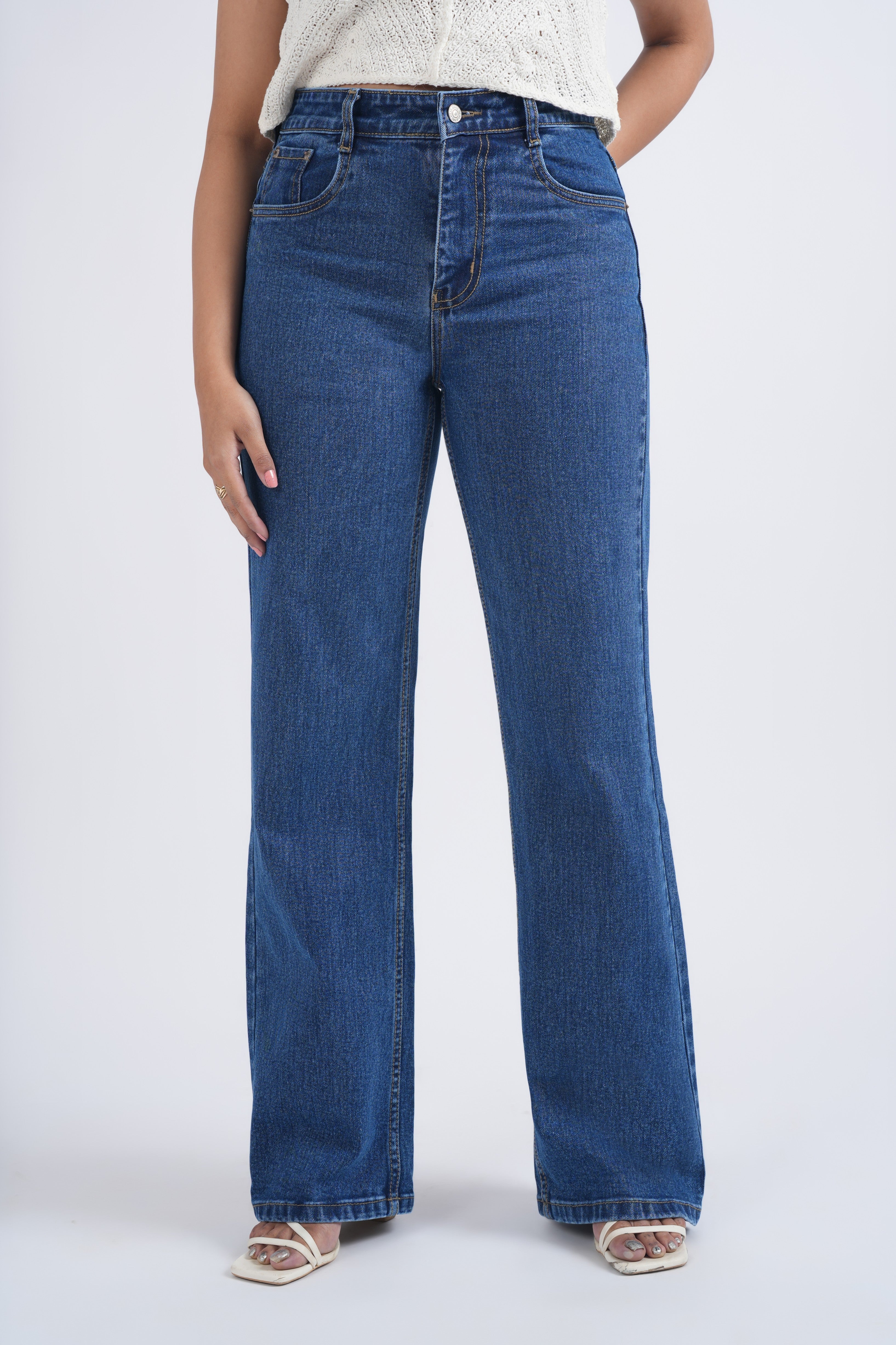 Women Mid Blue Wide Leg High Rise Jeans