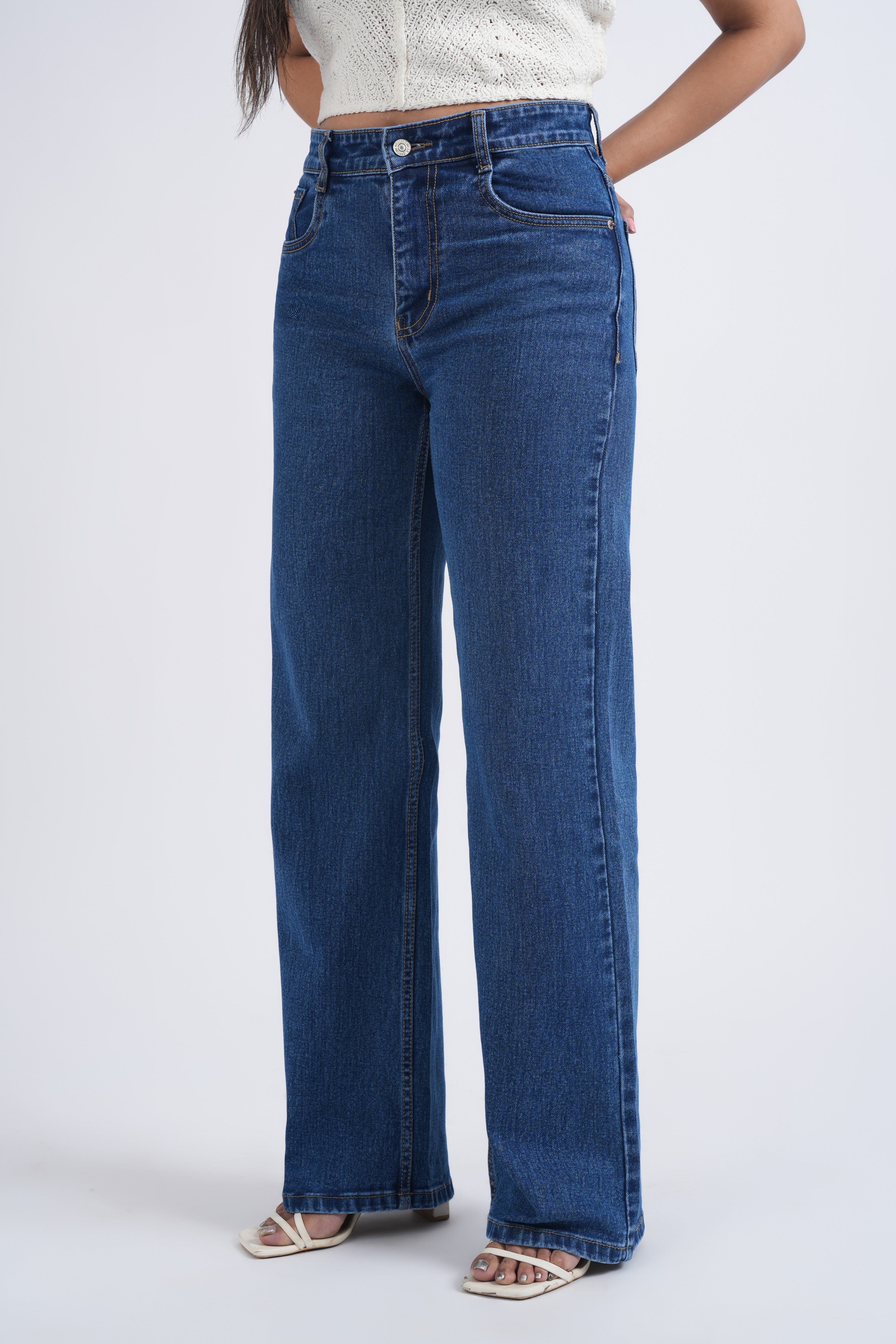 Women Mid Blue Wide Leg High Rise Jeans
