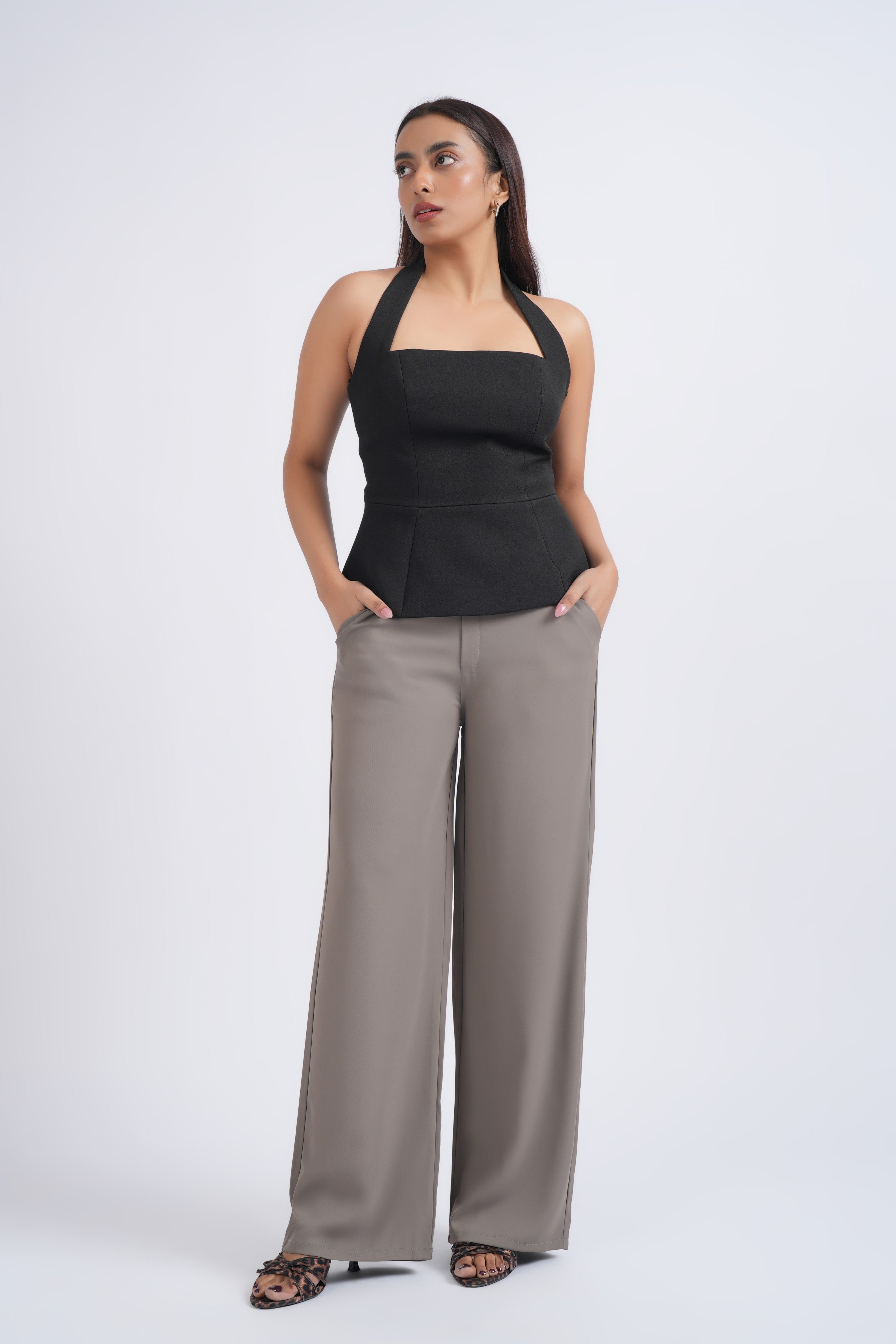 Women Korean Grey High Waist Baggy Pant