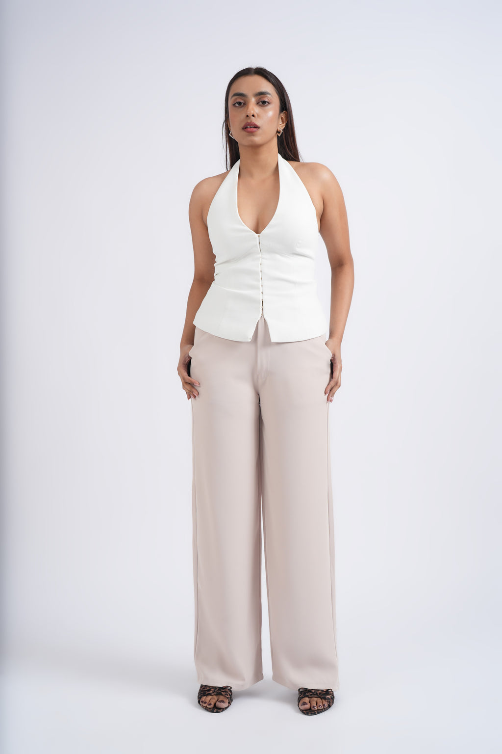 Women Korean High Waist Beige Baggy Pant
