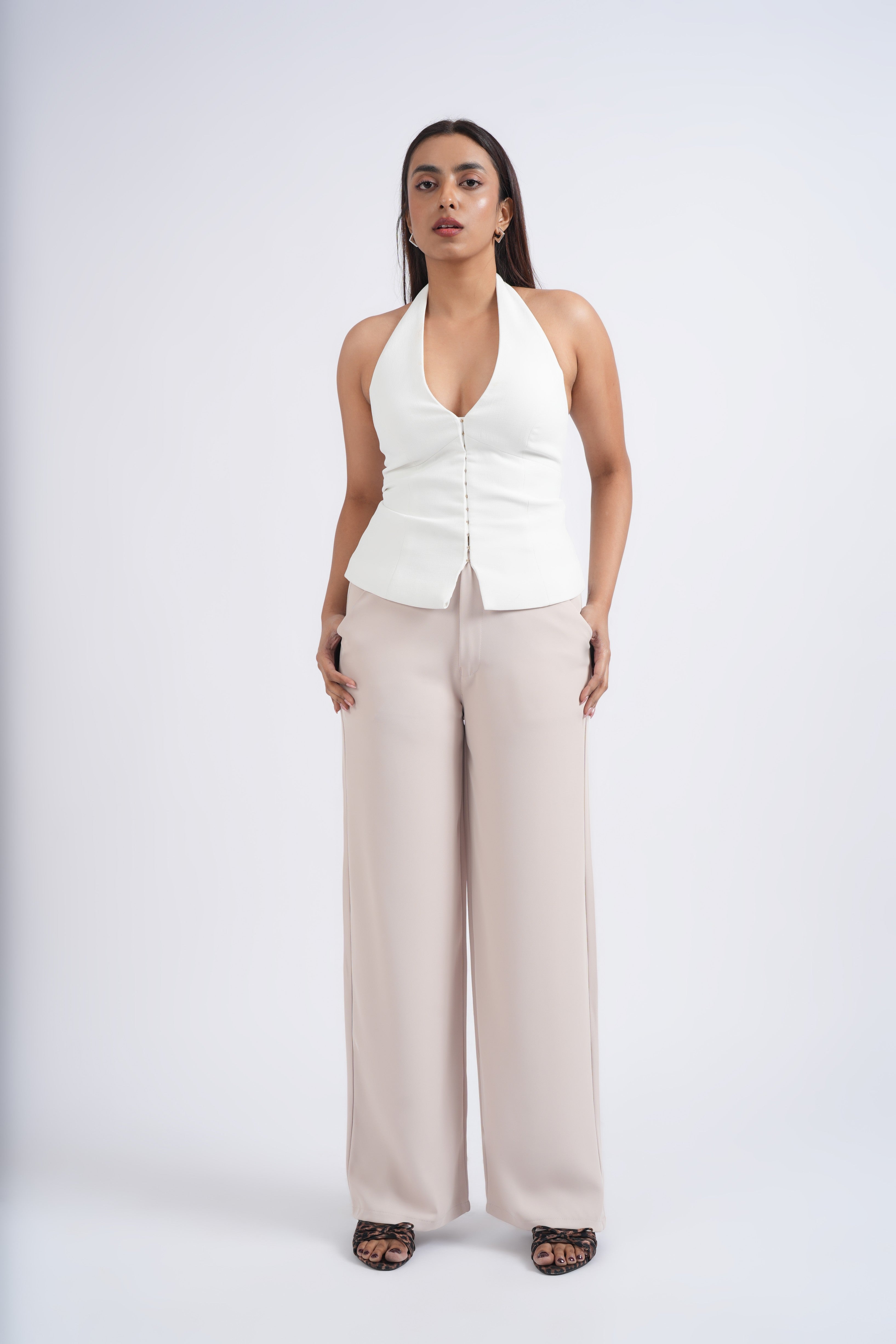 Women Korean High Waist Beige Baggy Pant
