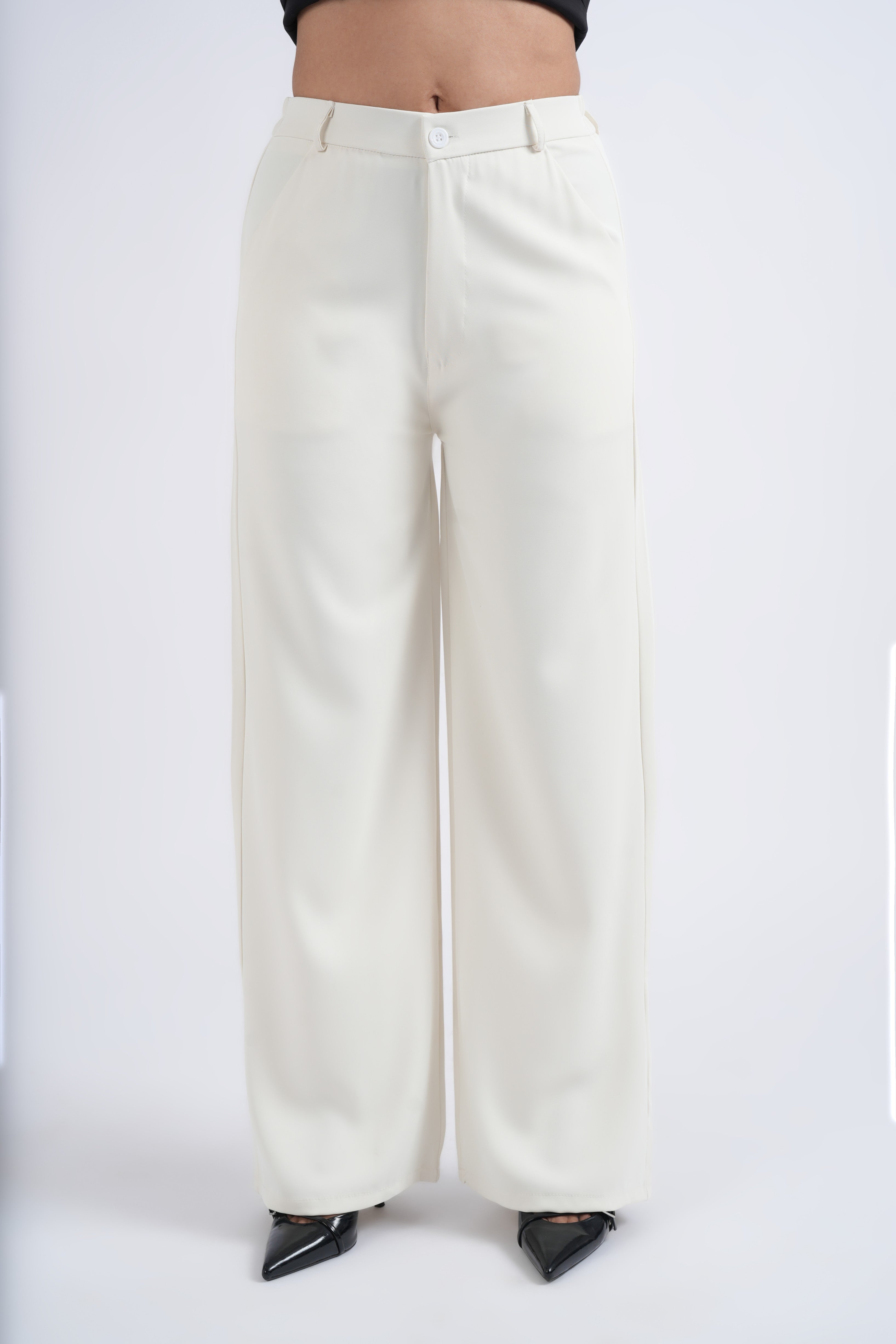 Women Korean Off White High Waist Baggy Pant