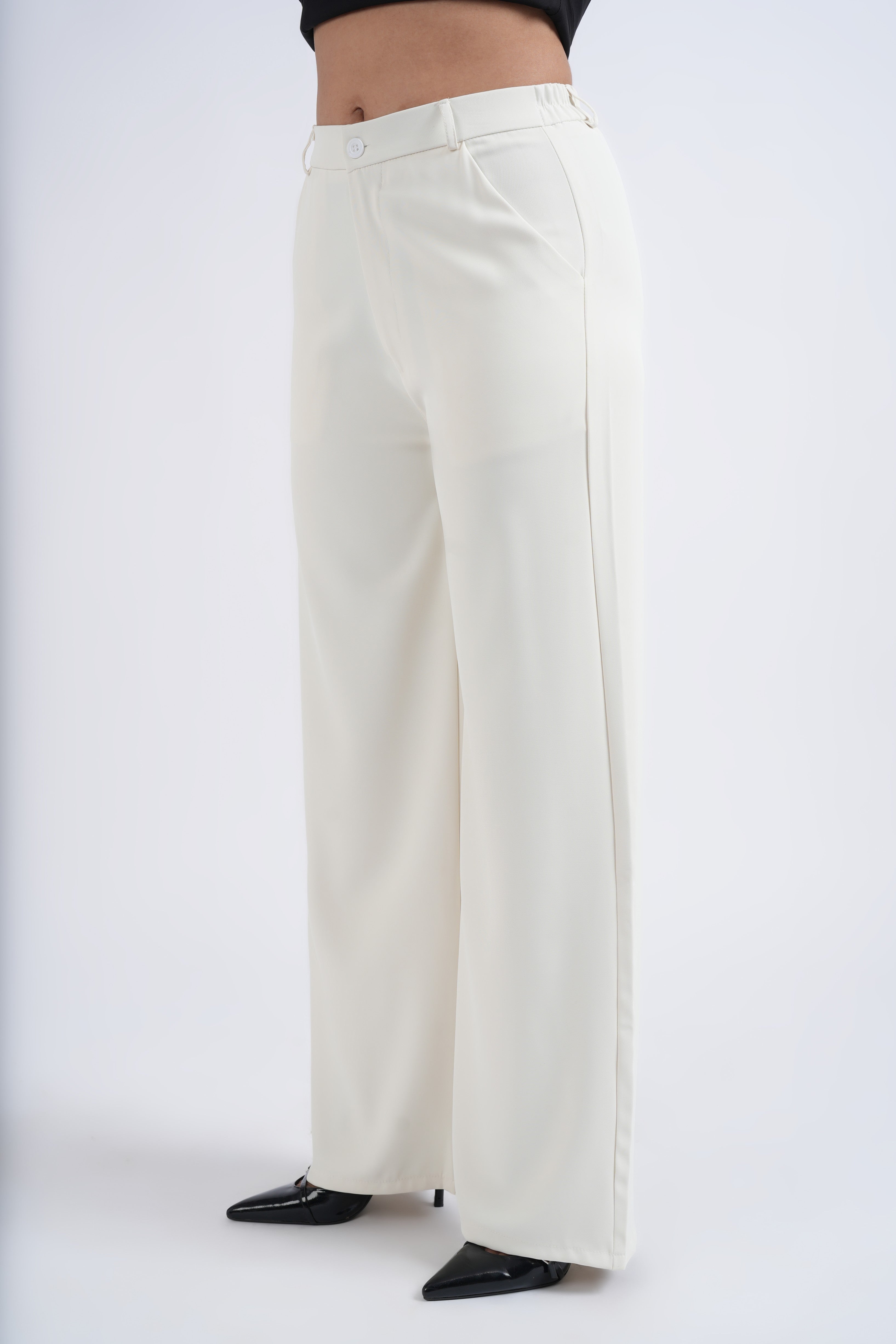 Women Korean Off White High Waist Baggy Pant