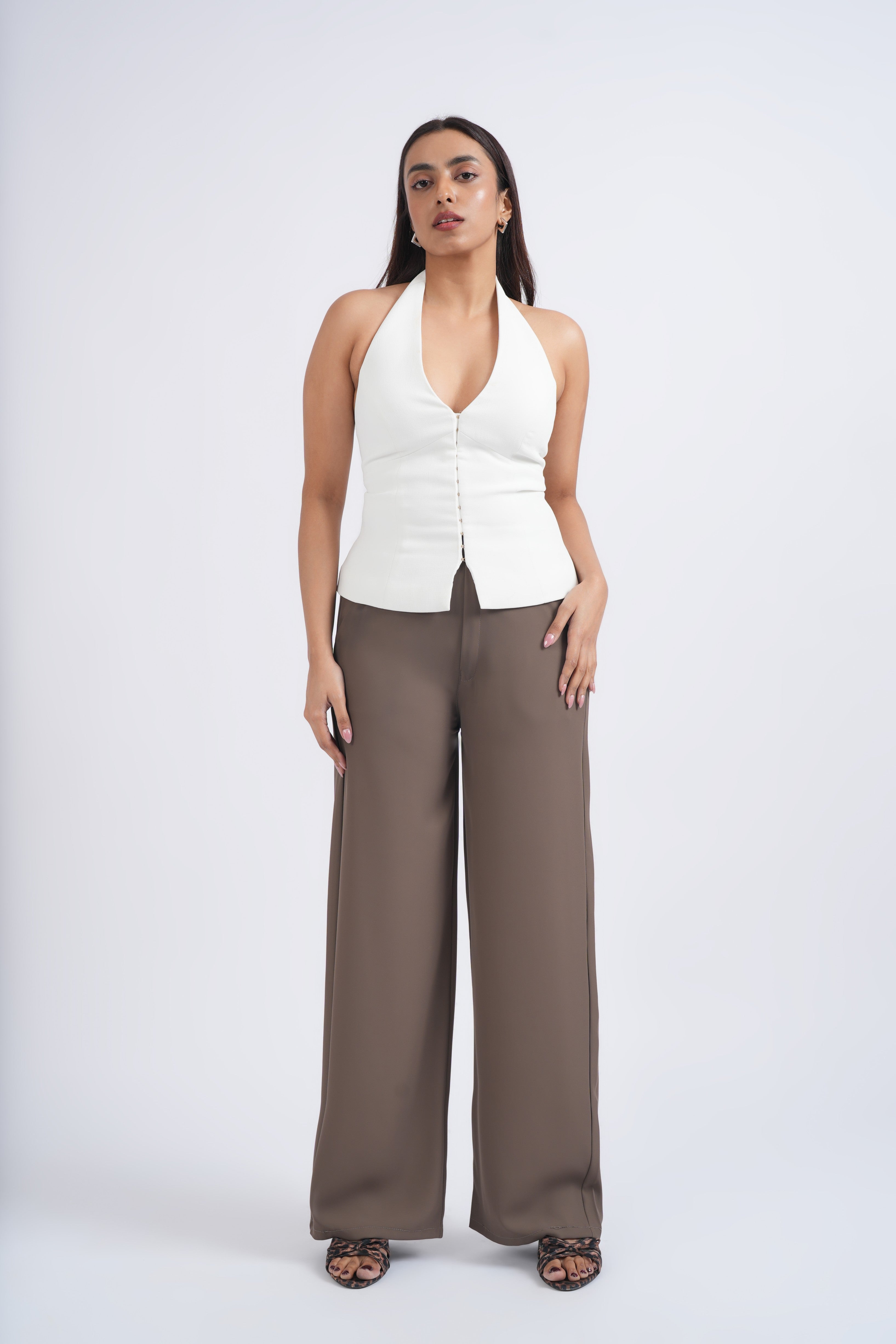 Women Korean Mocha Brown High Waist Baggy Pant