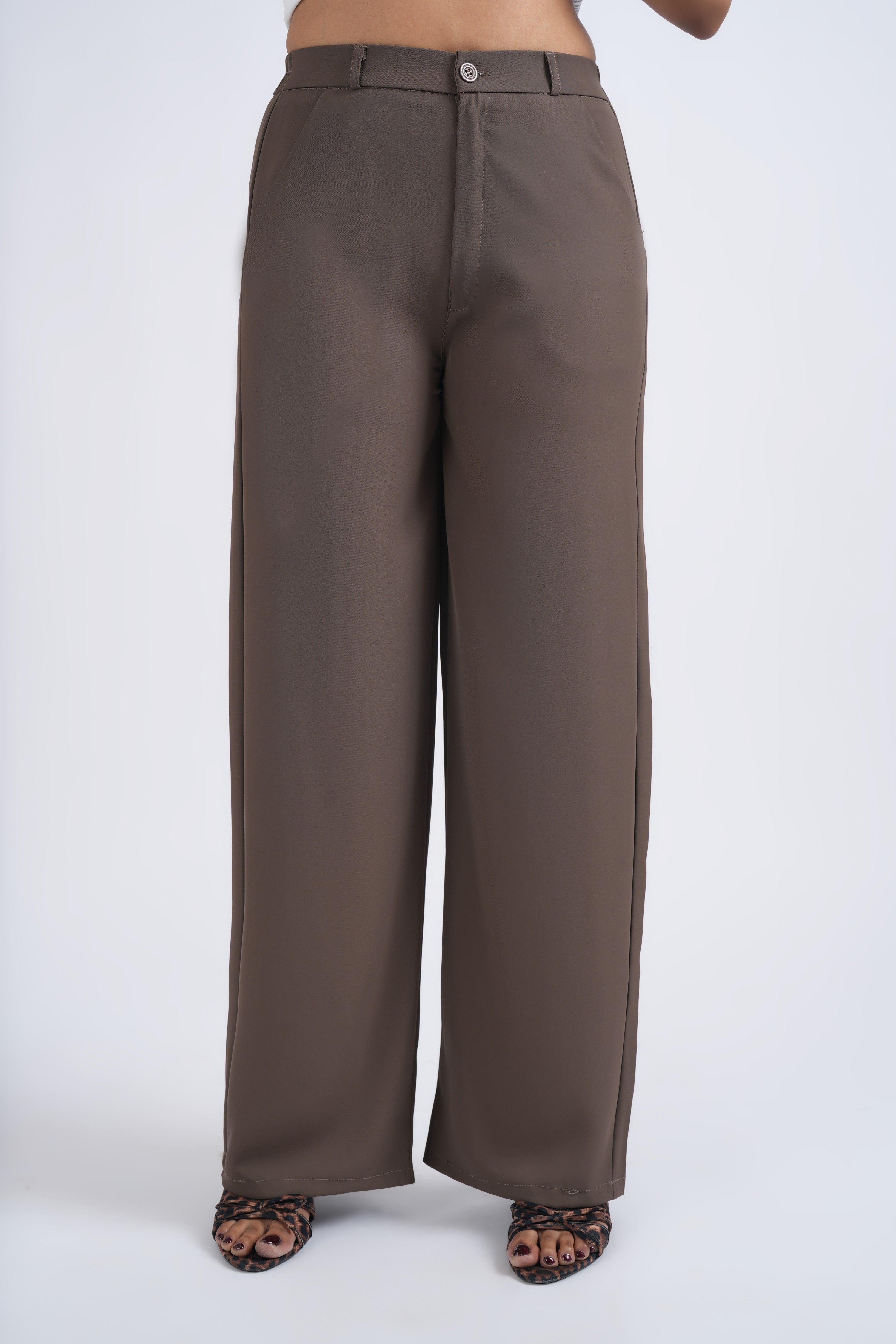 Women Korean Mocha Brown High Waist Baggy Pant