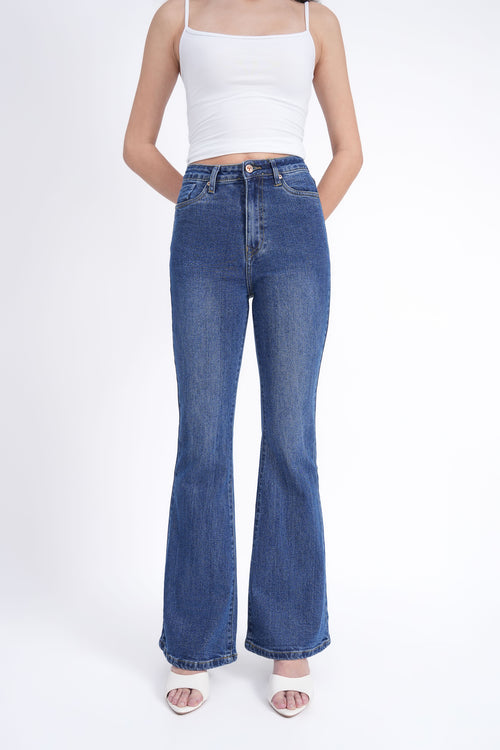 Women Stretchable High Rise Blue Flare Bootcut Jeans