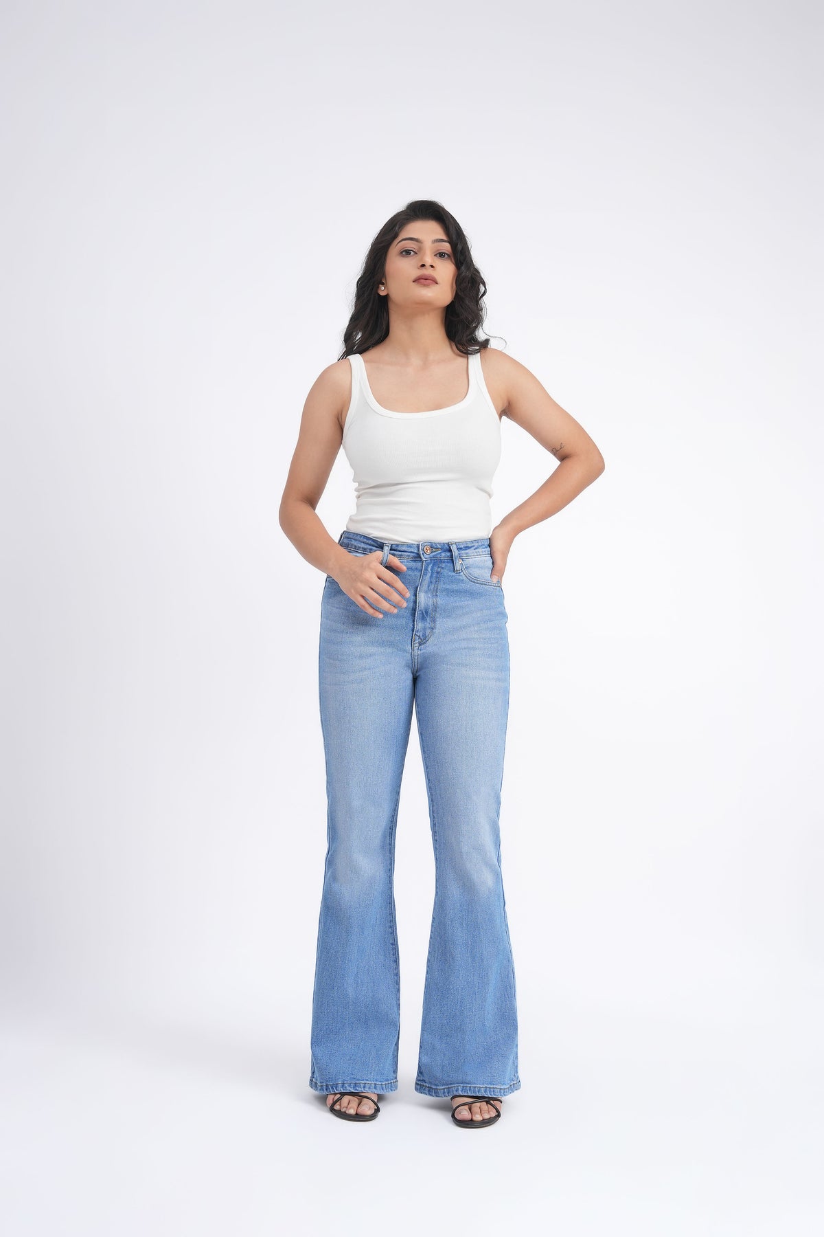 Women Stretchable High Rise Light Blue Flare Bootcut Jeans