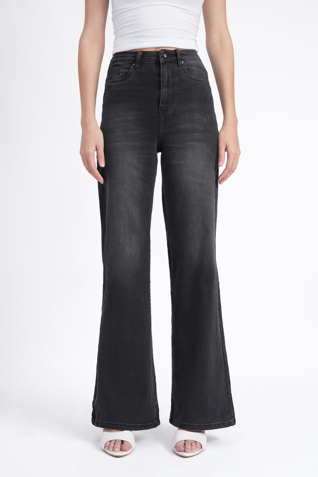 Women Stretchable High Rise Wide Leg Light Black Fade Jeans