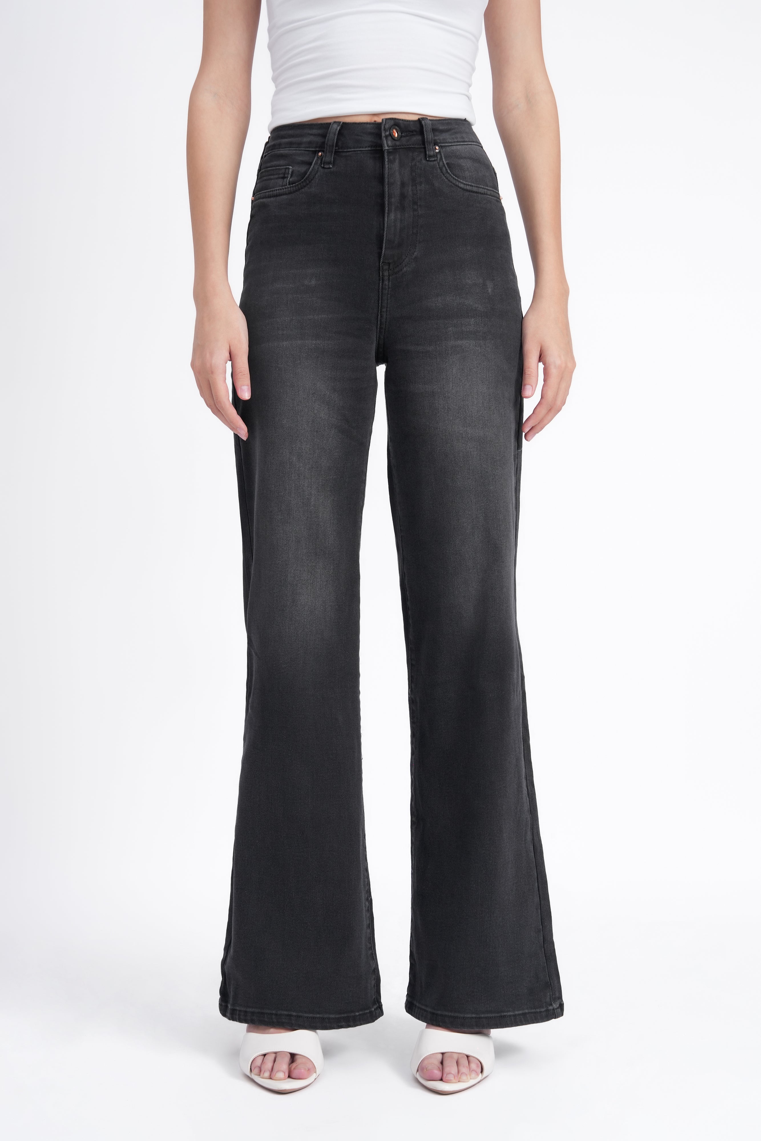 Women Stretchable High Rise Wide Leg Light Black Fade Jeans