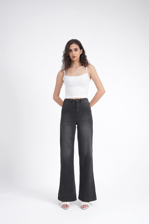 Black Faded Wide Leg High Waist Jeans
