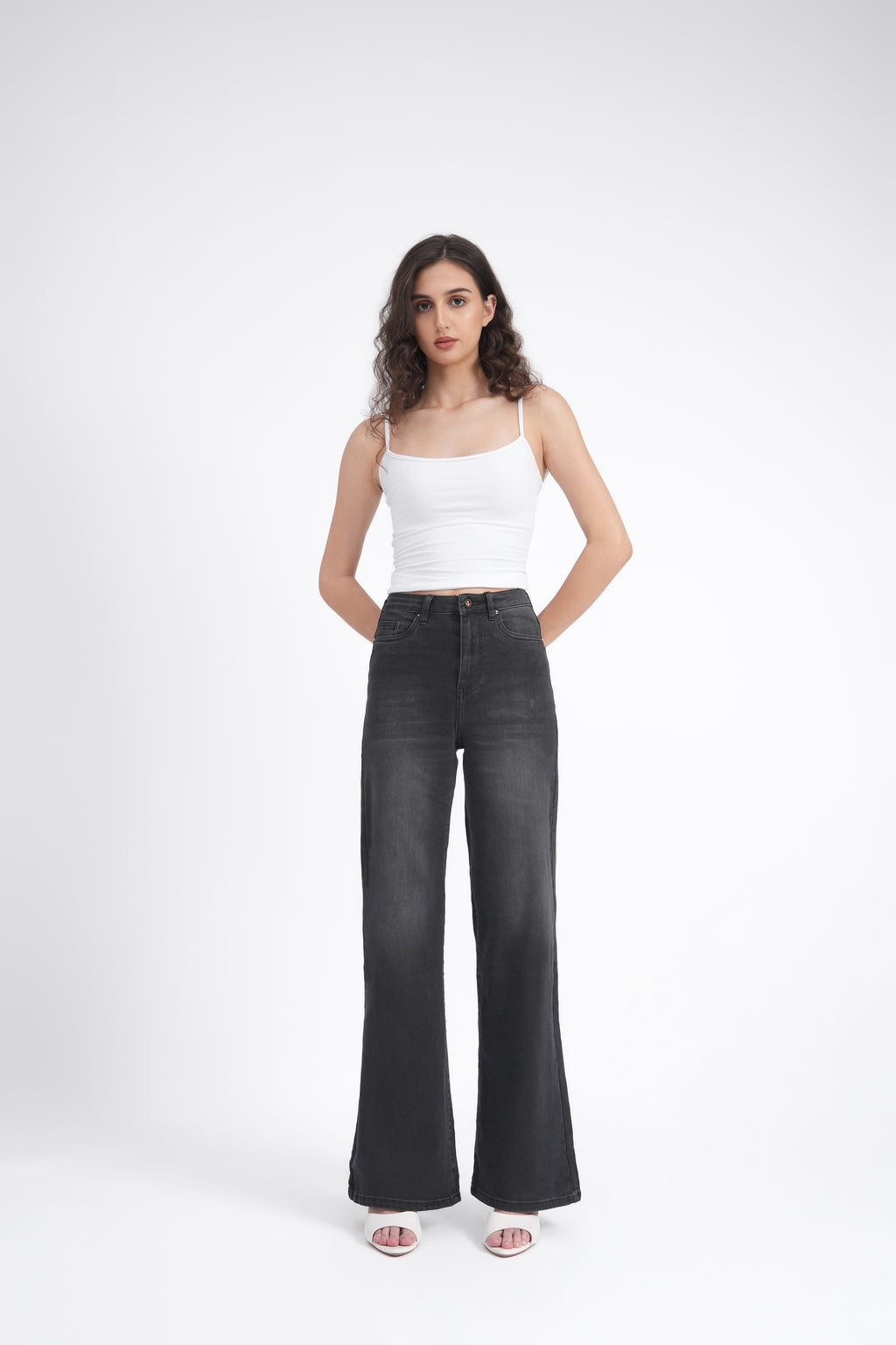 Women Stretchable High Rise Wide Leg Light Black Fade Jeans