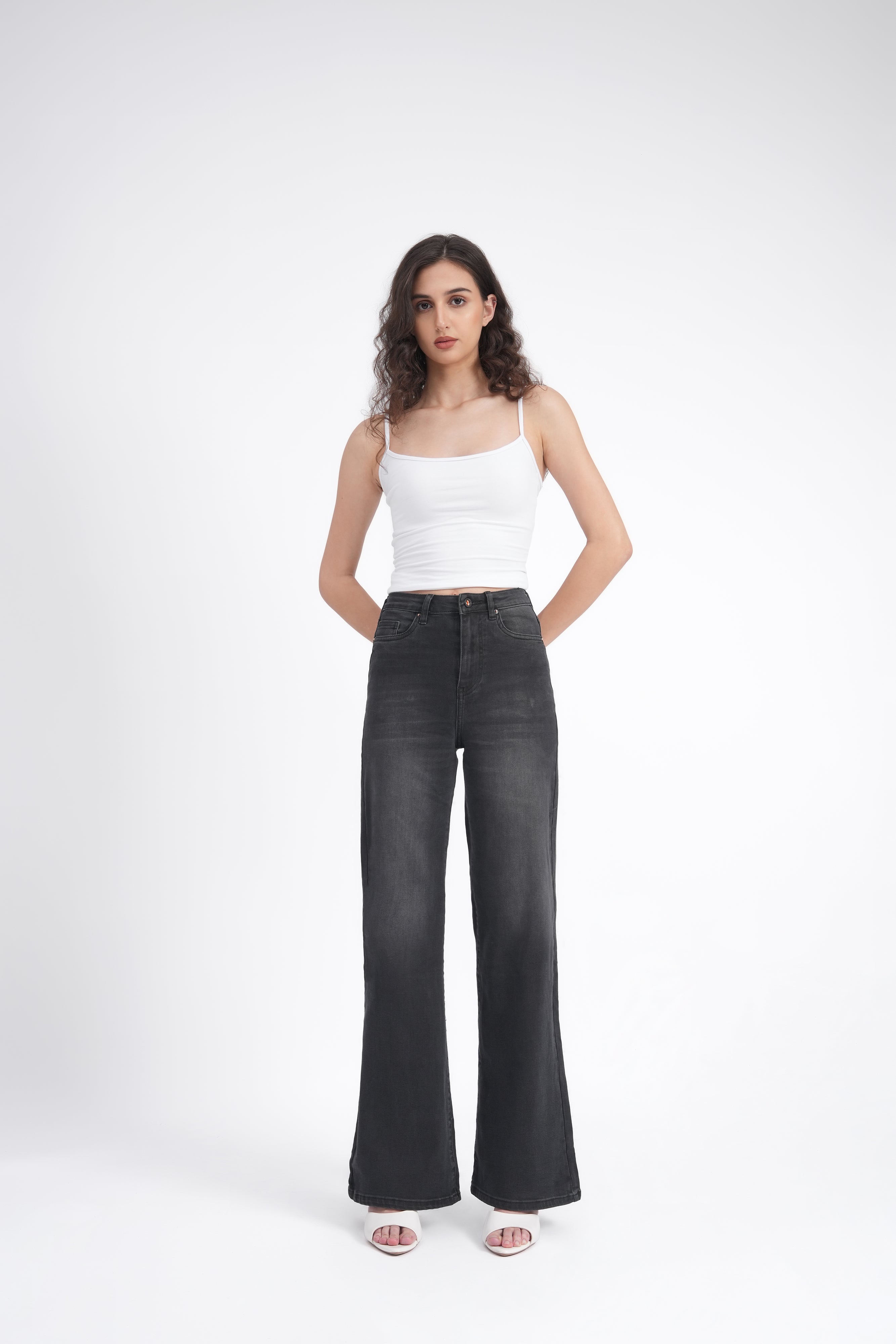 Women Stretchable High Rise Wide Leg Light Black Fade Jeans