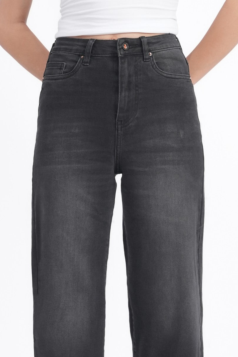 Women Stretchable High Rise Wide Leg Light Black Fade Jeans