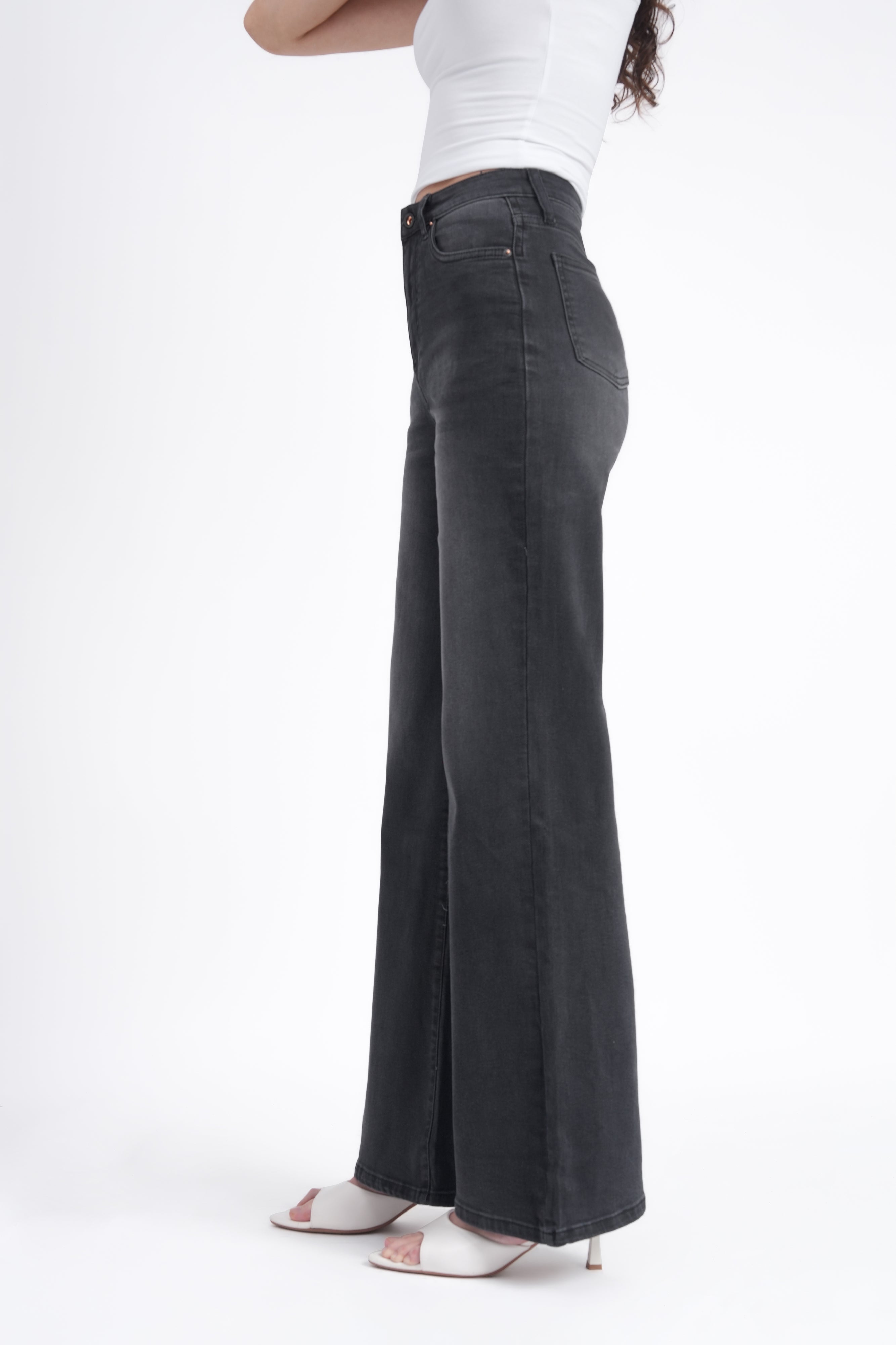 Women Stretchable High Rise Wide Leg Light Black Fade Jeans
