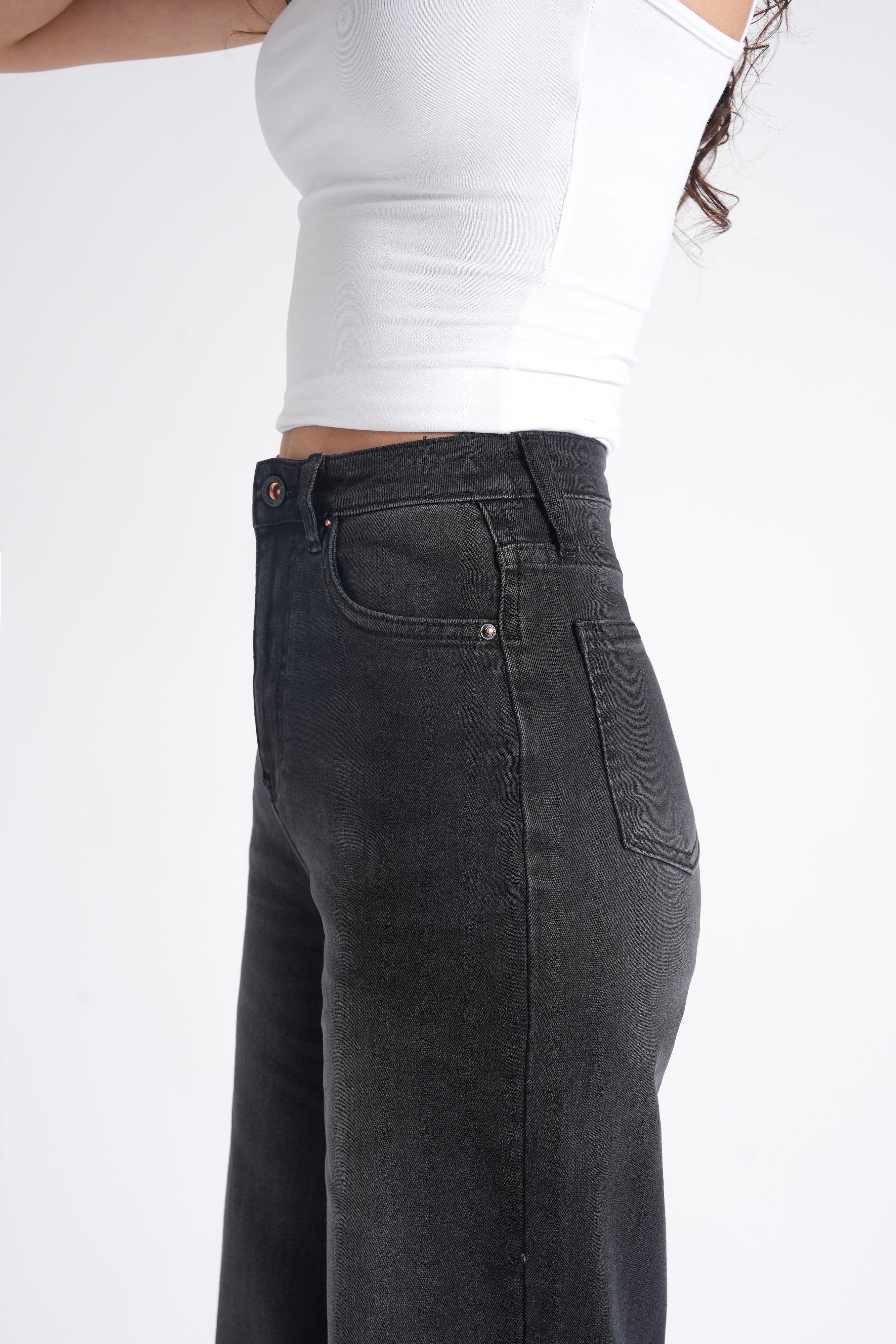Women Stretchable High Rise Wide Leg Light Black Fade Jeans