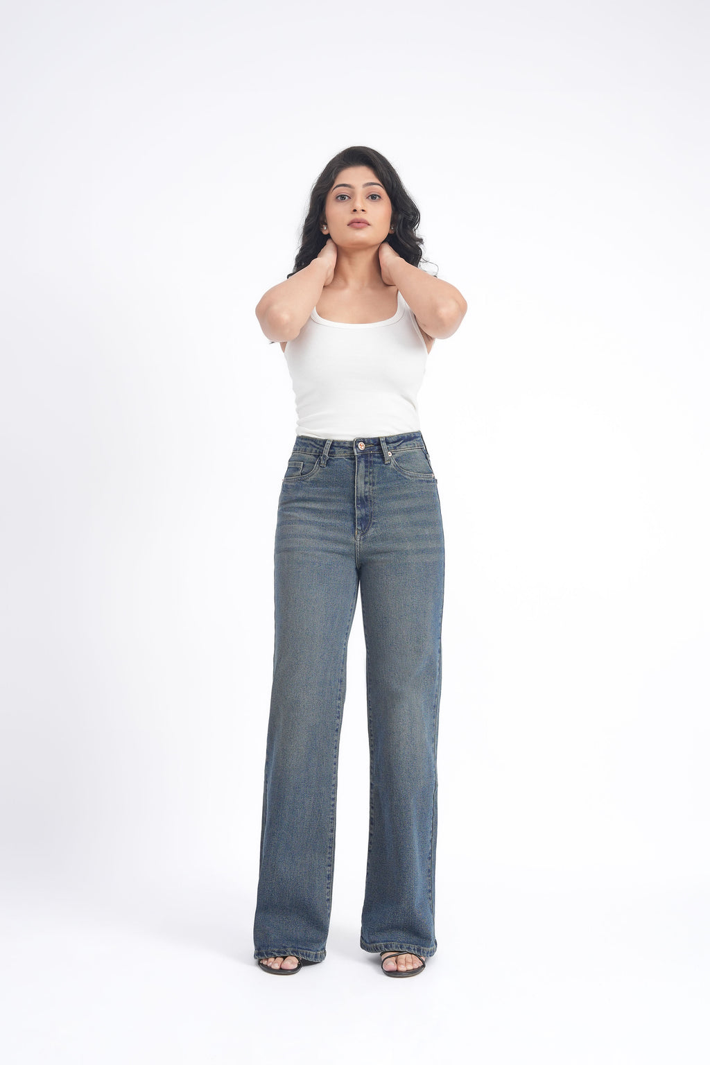 Women Stretchable High Rise Wide Leg Vintage Fade Jeans