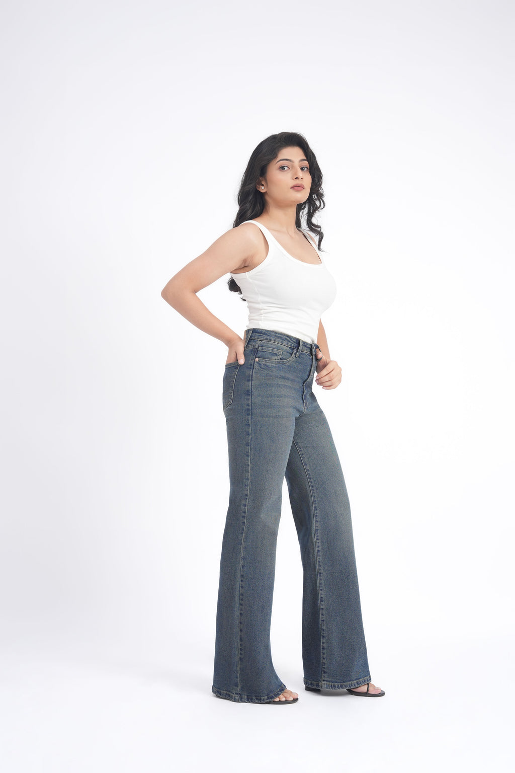 Women Stretchable High Rise Wide Leg Vintage Fade Jeans
