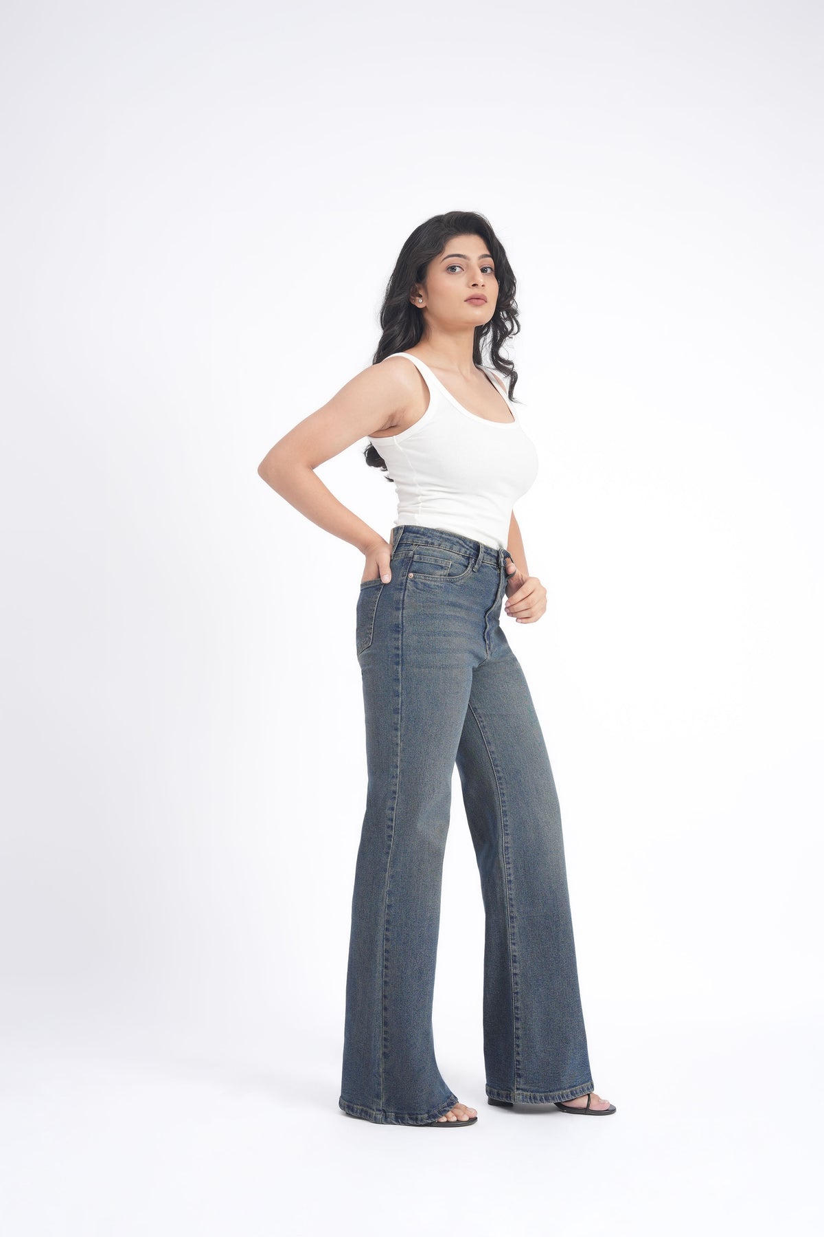 Women Stretchable High Rise Wide Leg Vintage Fade Jeans