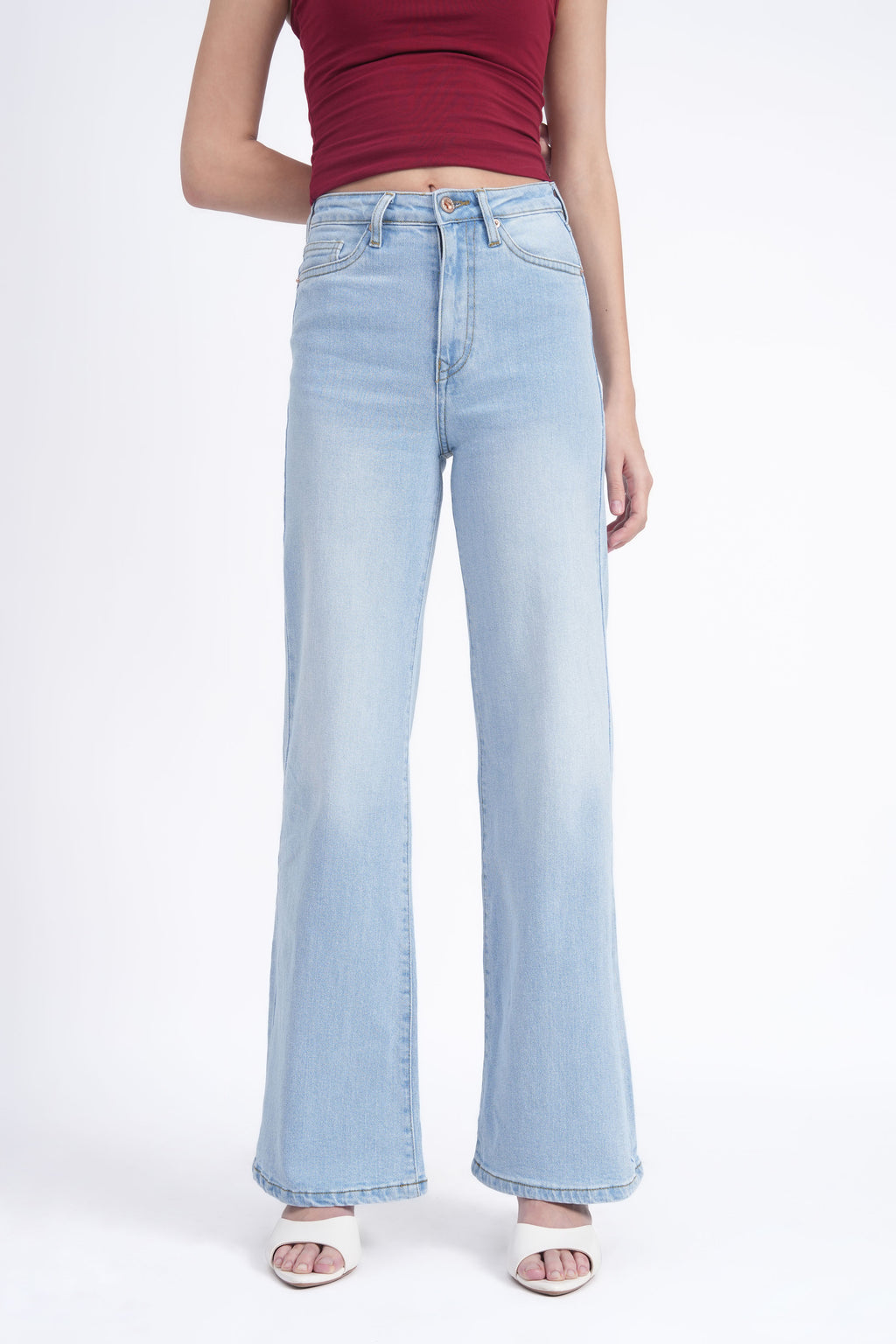 Women Stretchable High Rise Wide Leg Light Blue Fade Jeans