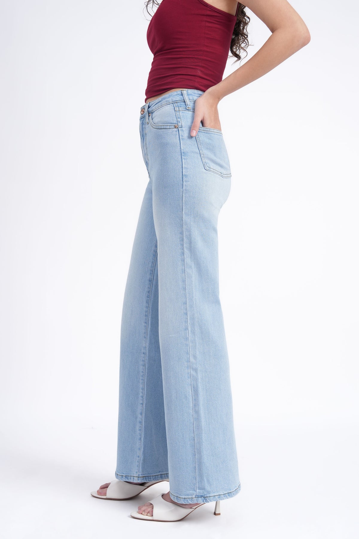 Women Stretchable High Rise Wide Leg Light Blue Fade Jeans