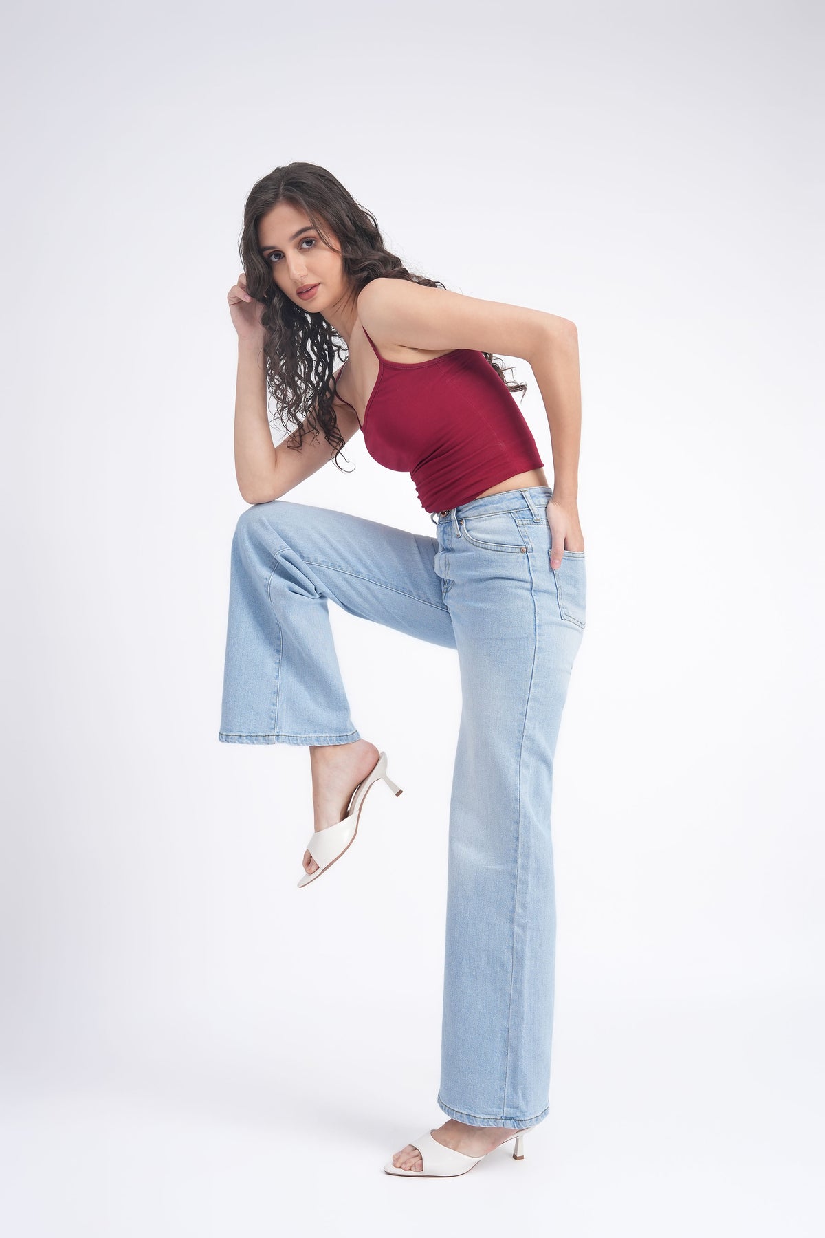 Women Stretchable High Rise Wide Leg Light Blue Fade Jeans