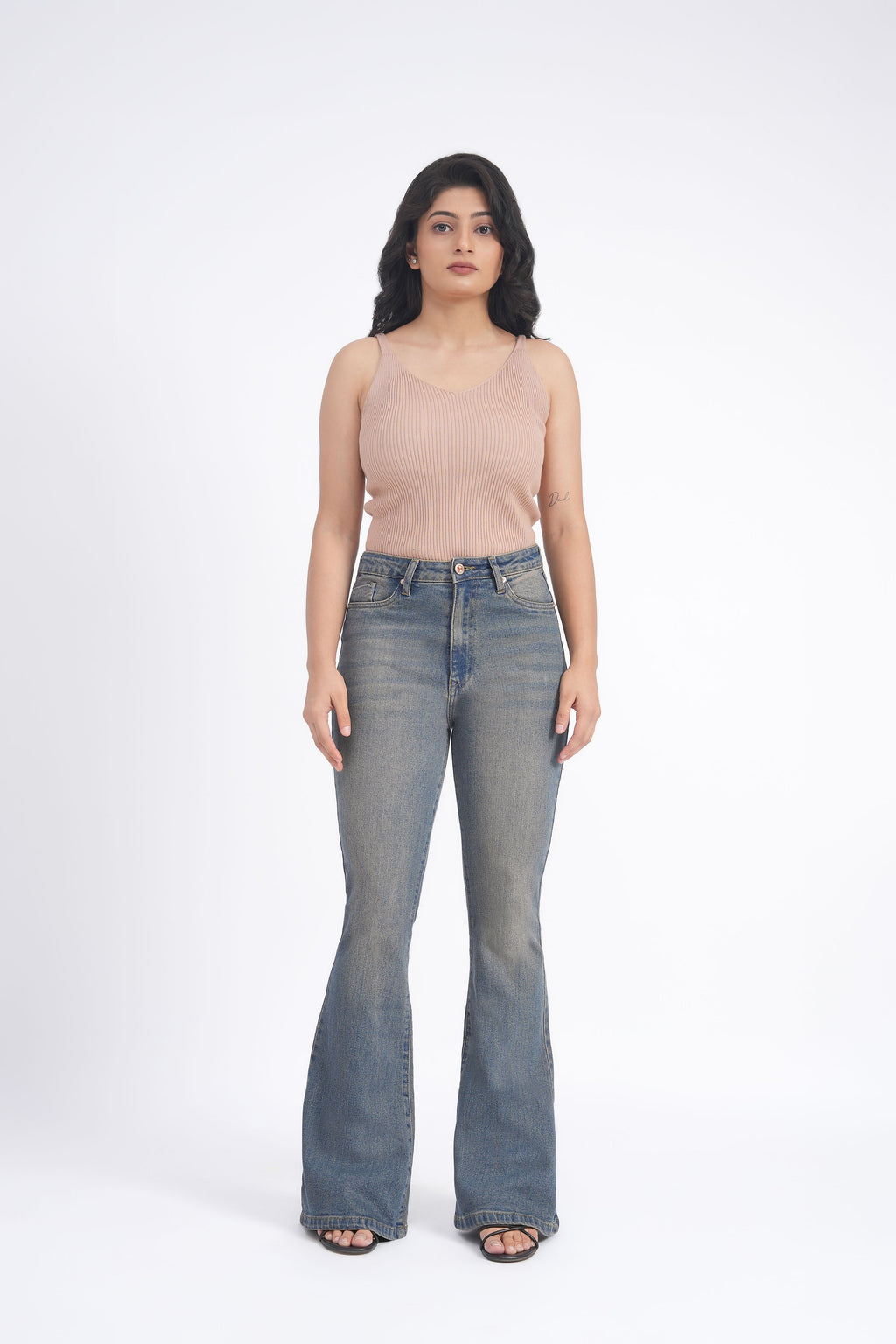 Women Stretchable High Rise Vintage Wash Flare Bootcut Jeans