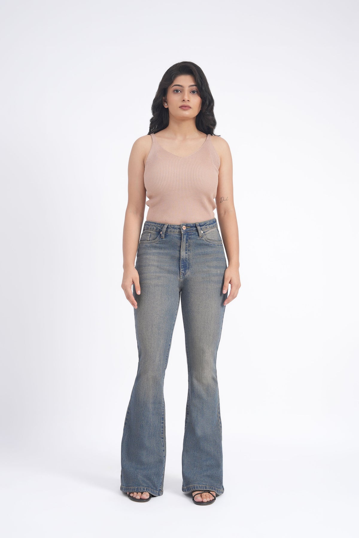 Women Stretchable High Rise Vintage Wash Flare Bootcut Jeans