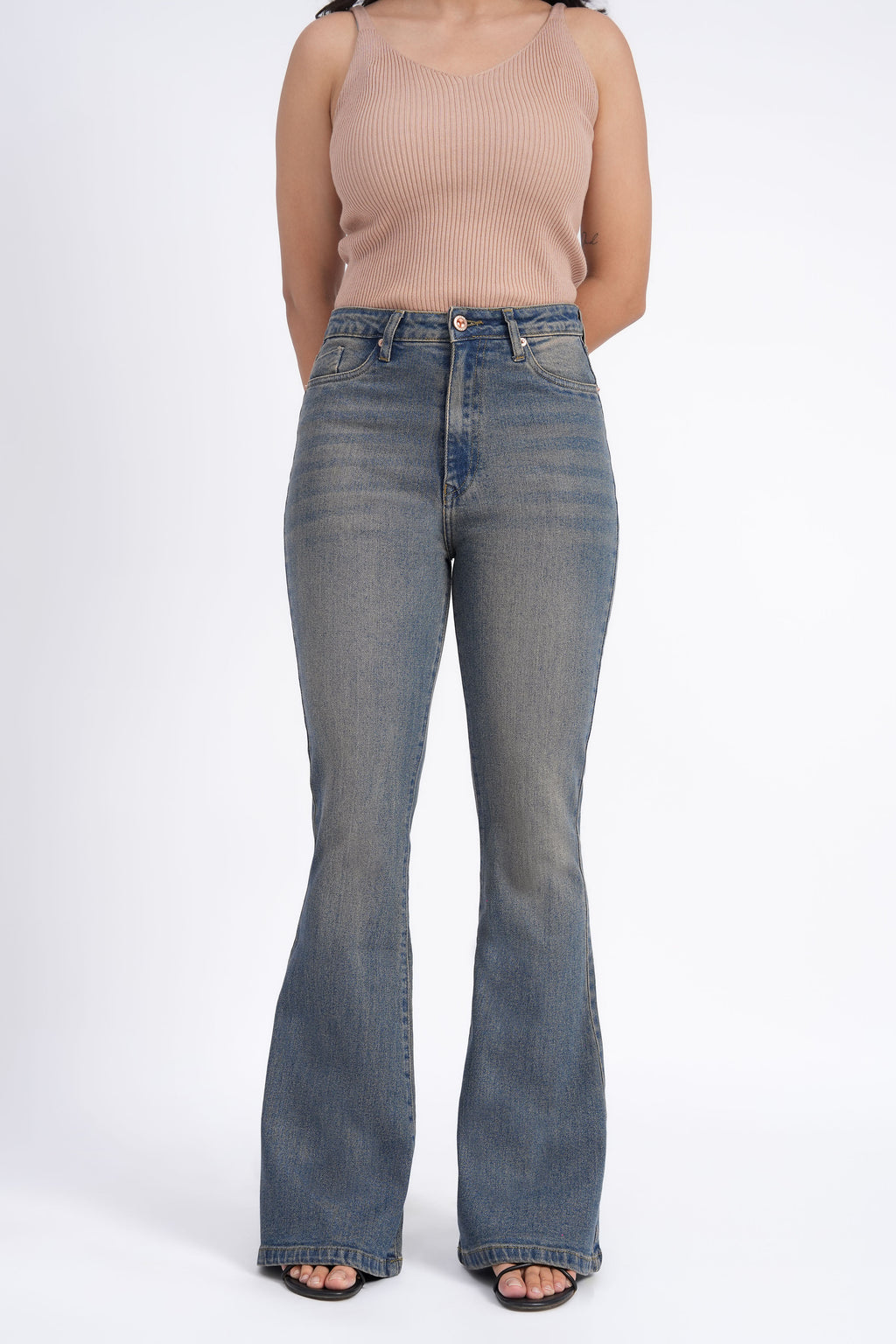 Women Stretchable High Rise Vintage Wash Flare Bootcut Jeans
