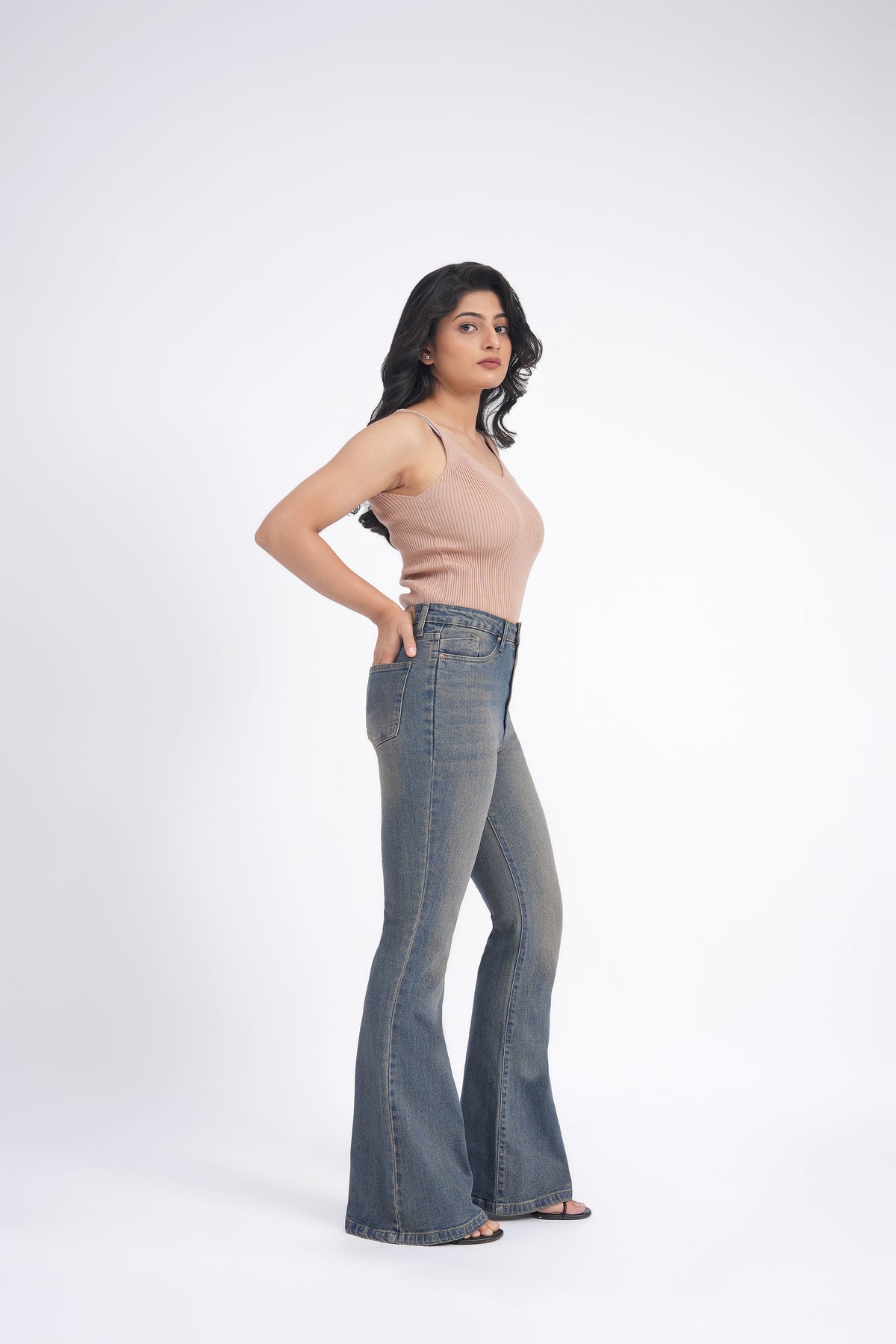 Women Stretchable High Rise Vintage Wash Flare Bootcut Jeans