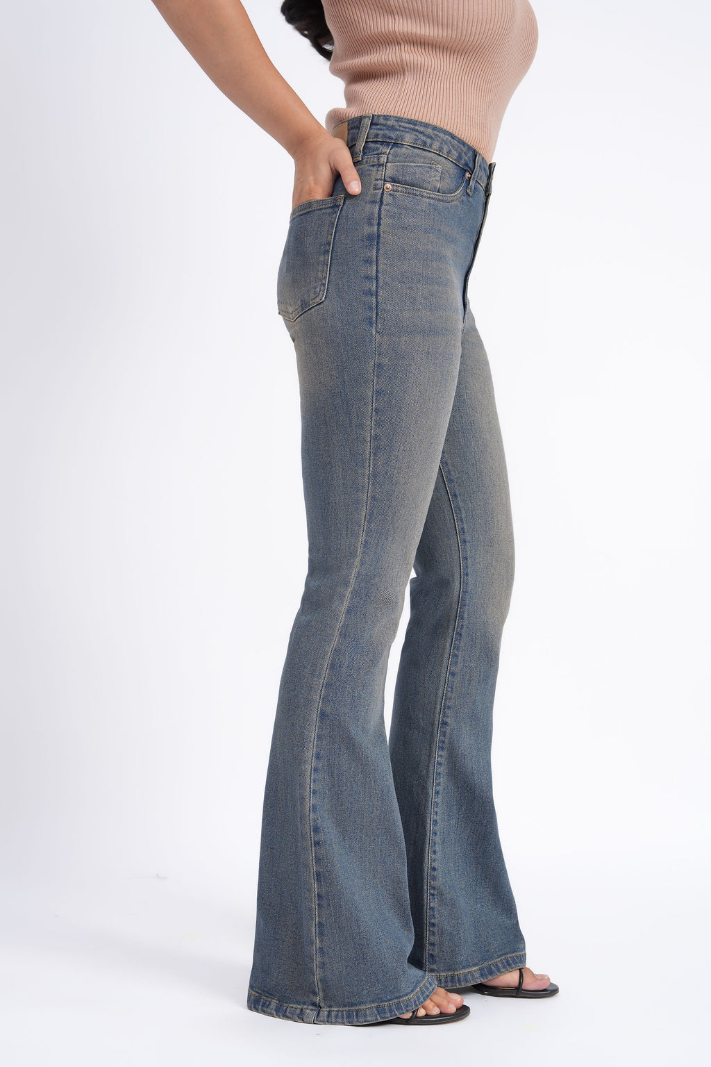 Women Stretchable High Rise Vintage Wash Flare Bootcut Jeans