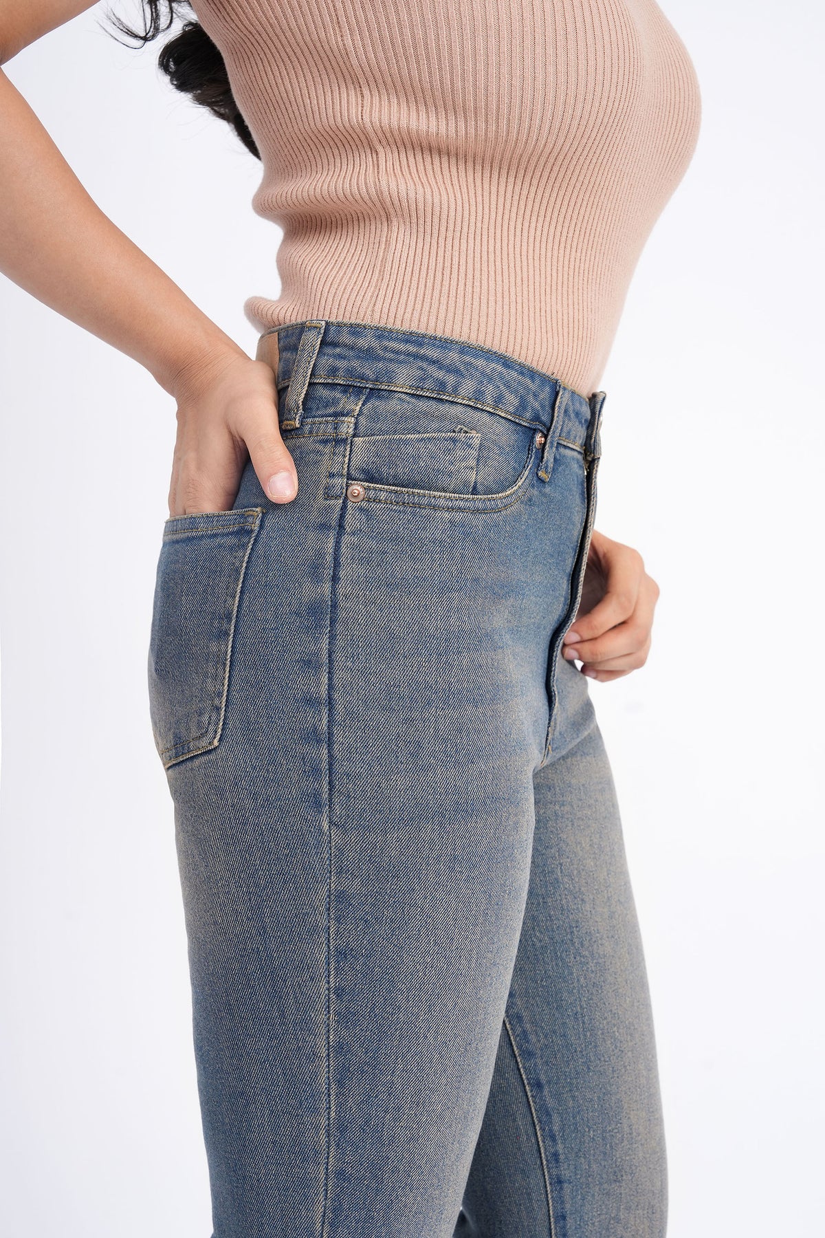 Women Stretchable High Rise Vintage Wash Flare Bootcut Jeans